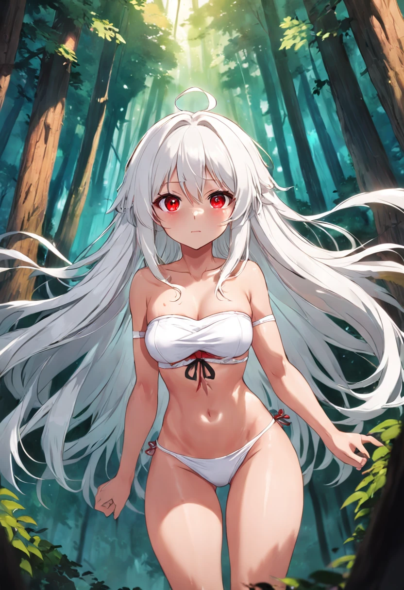 "anime girl with long white hair and red eyes, wearing a white bandeau, revealing her open belly, with a tanned skin tone, surrounded by the enchanting beauty of a magical forest."