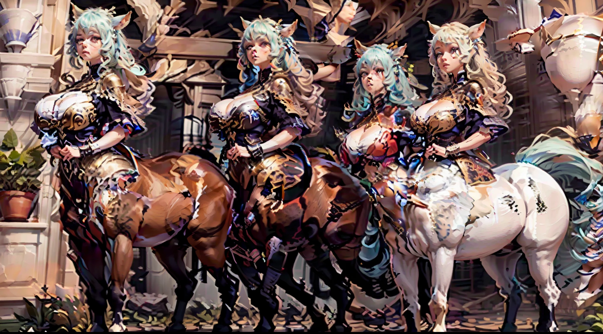 In the beautiful illustration of this super-grand scene，The ultra-long-range lens is shown（Over eight unique centaur characters：9.9），They all have their own characteristics，Vivid and interesting。Radiant angelic centaurs from the heavenly realm，To the hellish centaurs surrounded by nightmarish flames，And then to the Wind Fairy Centaur dancing in the air，There are also one-horned centaurs surrounded by thunder and lightning，and mechanical centaurs that shine with metallic light，And then to the powerful dragon centaur with colored dragon scales covering the whole body，The elegant and agile elf centaur always wears a flower crown with its slender graceful lines，Enchanting and charming Tiflin centaurs。Each character has their own unique charms and abilities。The illustration uses advanced artistic techniques and tools，（Divide the scene into sections by geometric arrangement：9.9），Each section corresponds to a centaur character，This makes more efficient use of space。Through Midjourney's advanced brush tools、Color palette、Material packs and model packs，For each centaur, beautiful props are designed to increase racial characteristics、Clothing and physical features，Enhances the character's personality and visual appeal。The scenery in the illustrations is stunning，There are changing skies、rainbowing、extreme light、Stars and Moon。Incorporating iconic landmarks such as Mount Everest，and fireworks、tranquil lake、Natural and urban elements of waves and neon lights，Creates a magical atmosphere。The centaurs display their unique abilities and equipment in a variety of environments，This is true even in extreme alien landscapes。（Use Midjourney's tools、Material packs、Texture tools、The color palette makes depicting details vivid and realistic：9.9），From complex hairstyles and as well as different racial traits、Body、Appearance features、Clothing to real textures，This greatly enhances the realism of the characters and surroundings。The fusion of multiple art styles adds movement to the centaur's