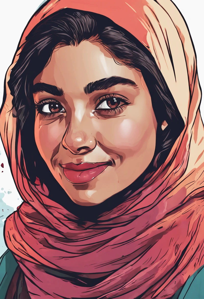(a beautiful 20-year-old woman wearing a hijab, confident expression, bright eyes)
