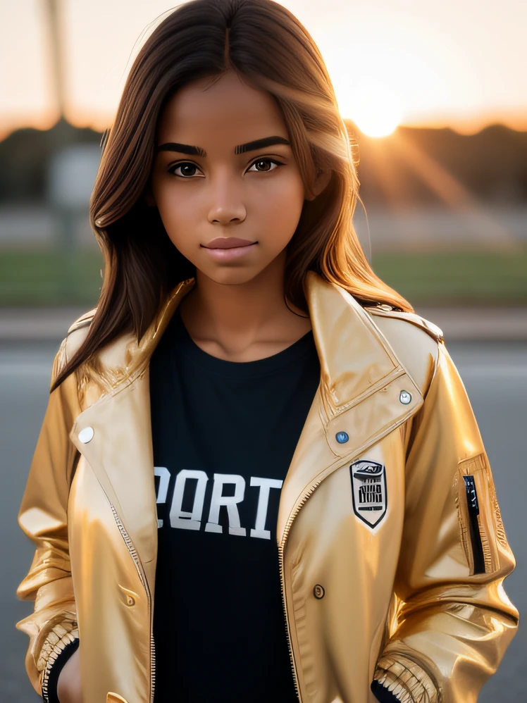 18 year old girl Jacket Tshirt minimal style golden hour 8k UHD