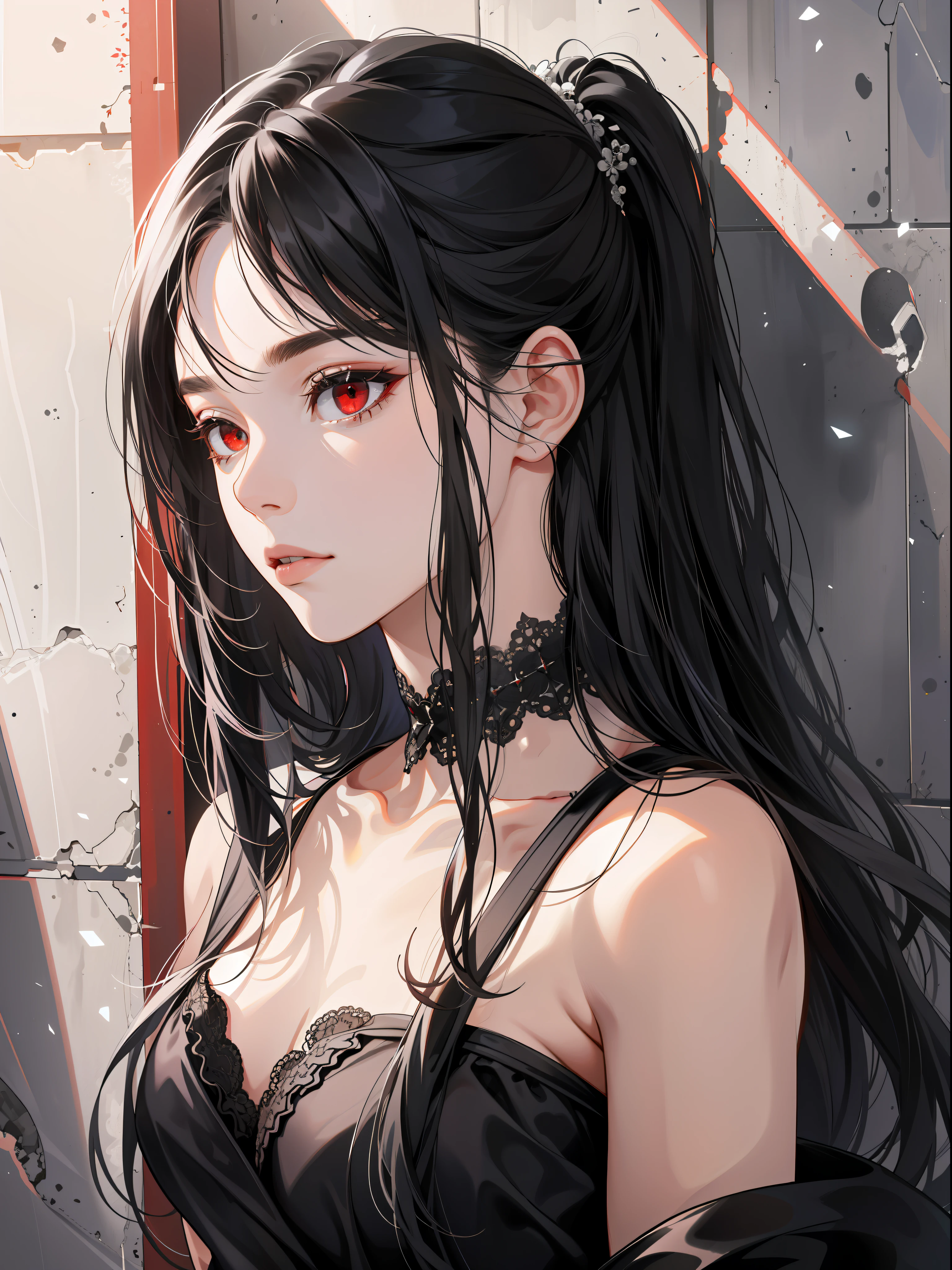 ((best quality)), ((masterpiece)), (detailed), perfect face, girl, beautiful girl, underwear, black hair, black eye, beautiful, cute, C cup breasts, long hair, red hair tips, Middle Ages
