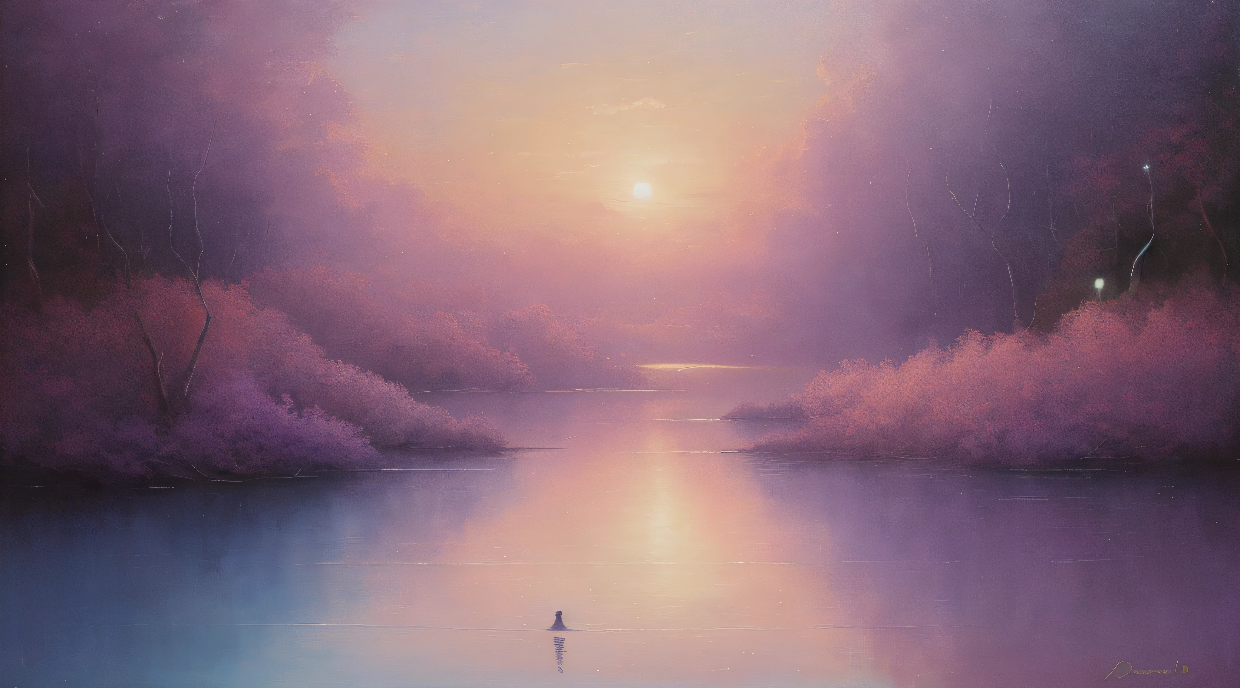 painting of a person standing on a dock in a lake, atmospheric dreamscape painting, soft purple glow, painting of a dreamscape, inspired by Ivan Aivazovsky, soft lilac skies, epic surrealism 8k oil painting, ethereal landscape, at gentle dawn pink light, tranquil, serene, mystical oil on linen, ethereal glow, serene scene