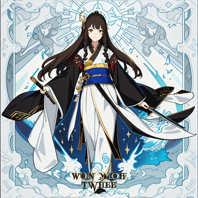 1girll, (Hanfu), with light glowing, side-lighting, Wallpapers,brunette color hair,black-clad,expressiveless,One guy,Double knife flow,long whitr hair,long sword,filigree