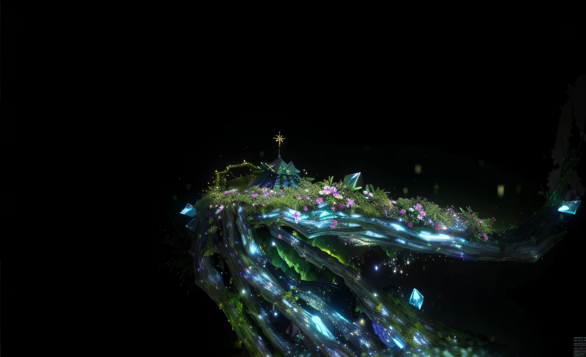 the night，The trunk is inlaid with crystals sparkling，The trunk is covered with moss，Flowers，Exquisite 4K，cartoony，3D scene,A beautiful wonderland，UE5 renderer，Super delicate and delicate