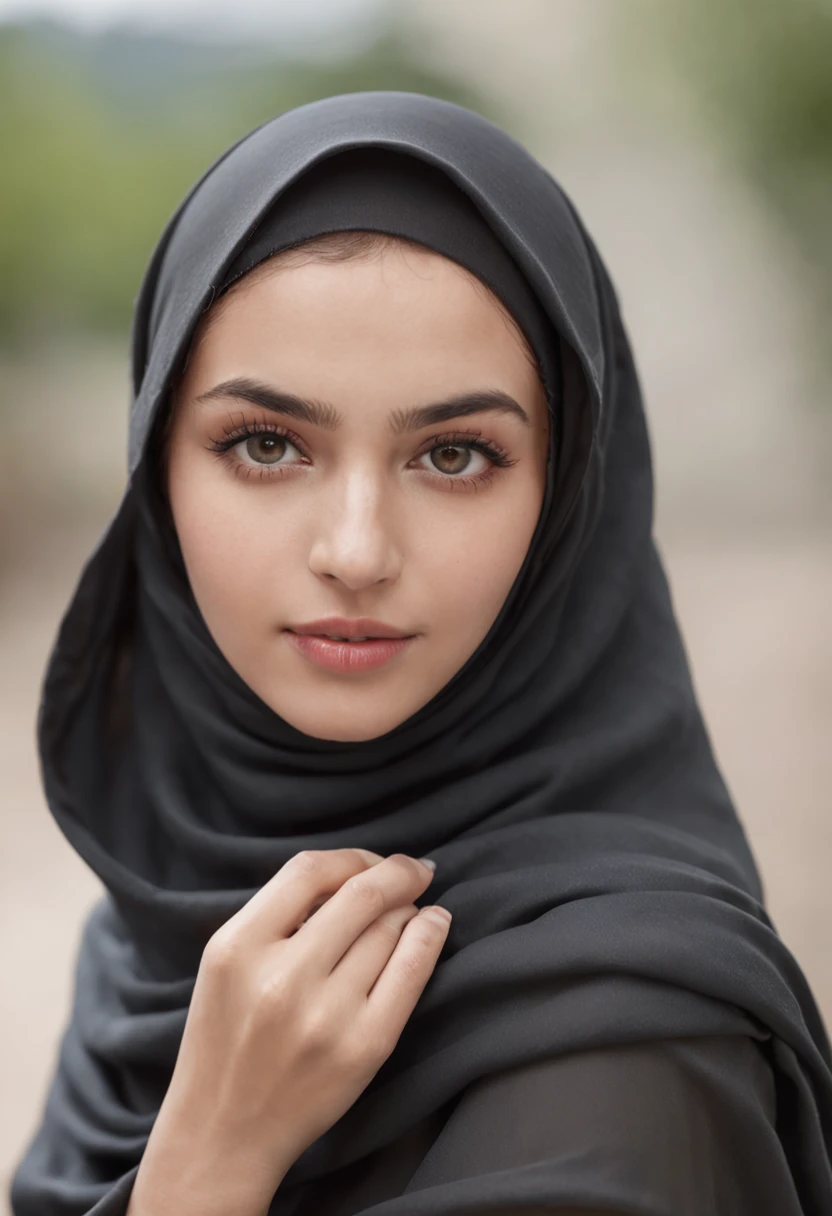 (a beautiful 20-year-old woman wearing a hijab, confident expression, bright eyes)