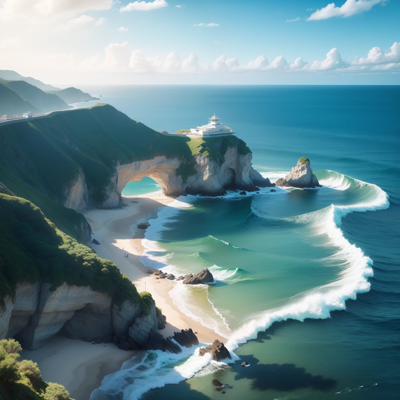 swell sea，Picturesque，style of anime，Lifelike sea views，There is no sandy beach，Pure sea。