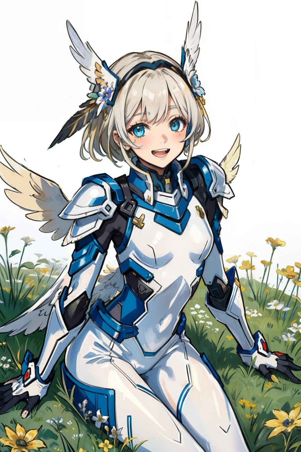 (master piece, Best Quality), Intricate details, valkyrie, kawaii, Happy, (((Laugh))), Villainous smile, Looking at Viewer, Feather Headgear, Flower meadow, Sitting, flat breast, 22year old,
1 girl in, Solo, Portrait, Plutinum Blonde Hair, droopy eyes, Silver Single Thigh, White Independent Single Sleeve, gloves,
mecha musume, White bodysuit, Silver Reinforced Suit, Feather wings, silver pantyhose, full armor, flower decoration, equip sword,