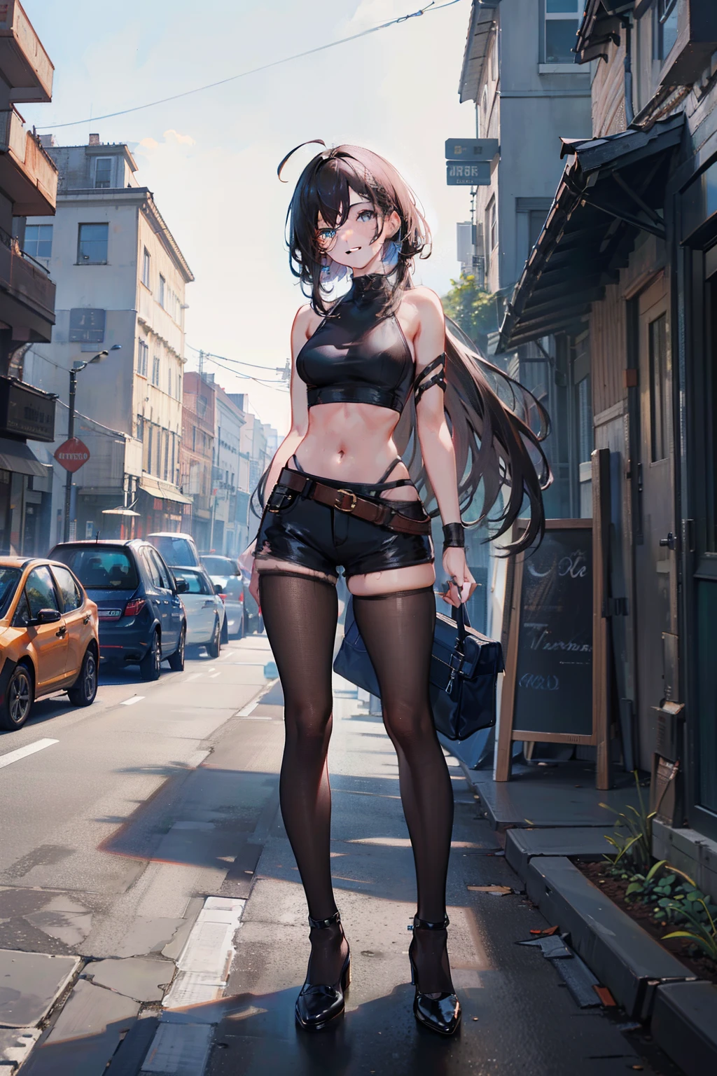 Illustration, UHD, retina, masterpiece, accurate, anatomically correct, super detail, high details, high quality, award winning, best quality, highres, good anatomy, 1080P, HD, 4K, 8k, 16k, 1girl, dynamic pose, androgynous, full body, detailed eyes, detailed clothes, detailed hair, rendering, 2 hands, 5 fingers, 2 legs, Medium sized breast, nervous smile, boys in background, wearing a black ripped up crop top, wearing brown ripped up pants, long black messy hair, parted messy bangs, ahoge, blue eyes, sweating, inside a building