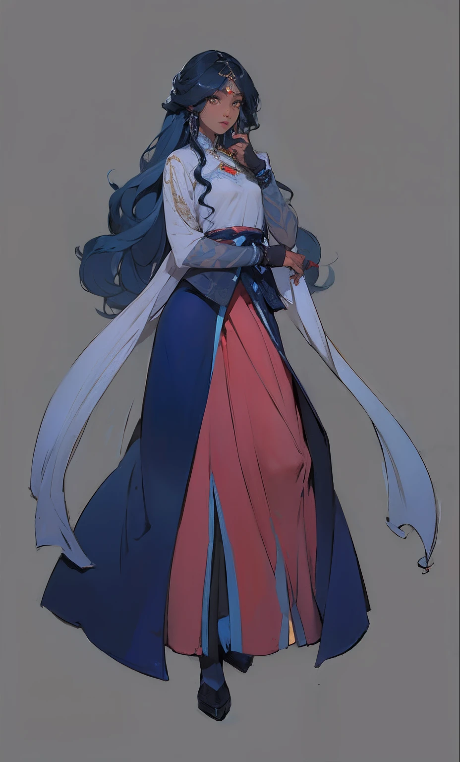 dark skin, Arabian clothing, long hair, curly hair, flowing hair, deep blue hair, detailed face, detailed clothing, high quality