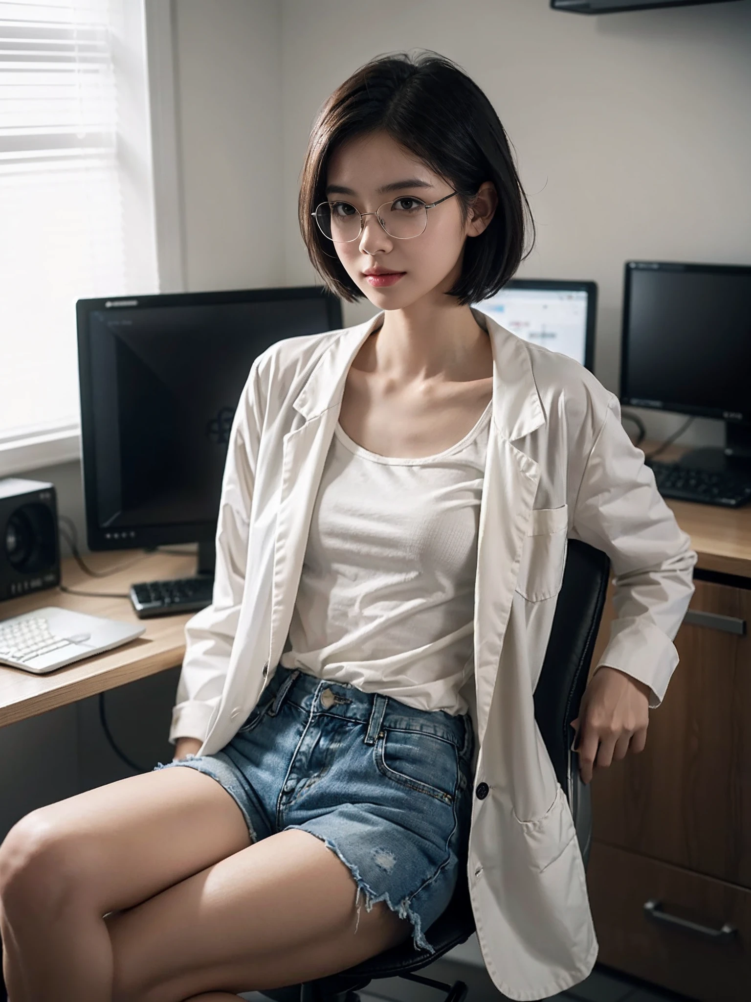 ((smallunderboob,Tomboyish,small heads)),  (perfect bodies: 1.1), (short-length straighthair: 1.2), Black hair,attractive collarbone，（极其细致的CG 8k壁纸），（Extremely refined and beautiful），（tmasterpiece），（best qualtiy：1.0），（超A high resolution：1.0），upper body photos，[A high resolution]，A beautyful girl，cheerfulness，ssmile，Smooth and flawless fair skin，ultra - detailed ，Elongated legs，flatchest，Slim，emaciated，a girl doctor，in hospital，In the payment window，At the office，Dim light，Wearing glasses，Wearing a doctor's long white coat，Dress neatly，Buttons up,closed clothes，Black denim shorts，White sneakers，Close-up，Sit in a chair next to your computer desk