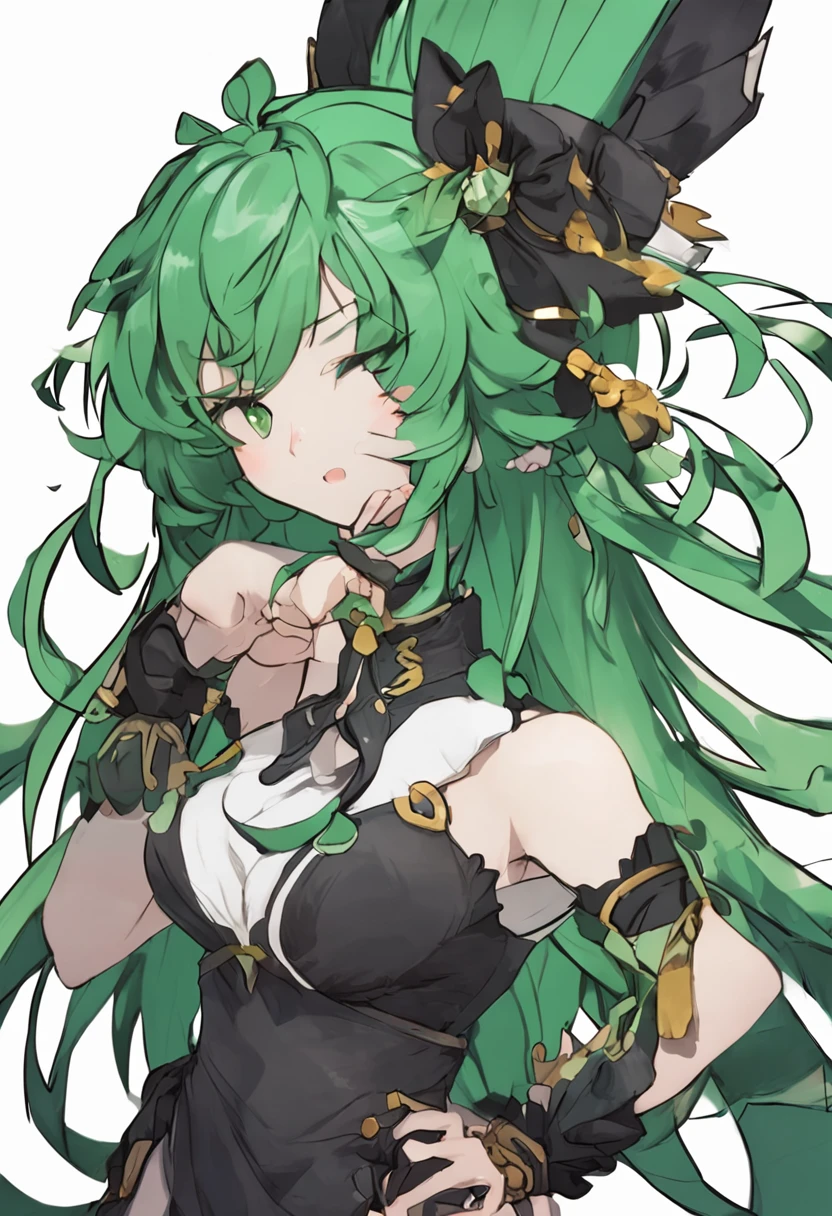 (green long hair:1.2)+(White top)+(Black top)+(Genshin character)+(Nasida:1.2)