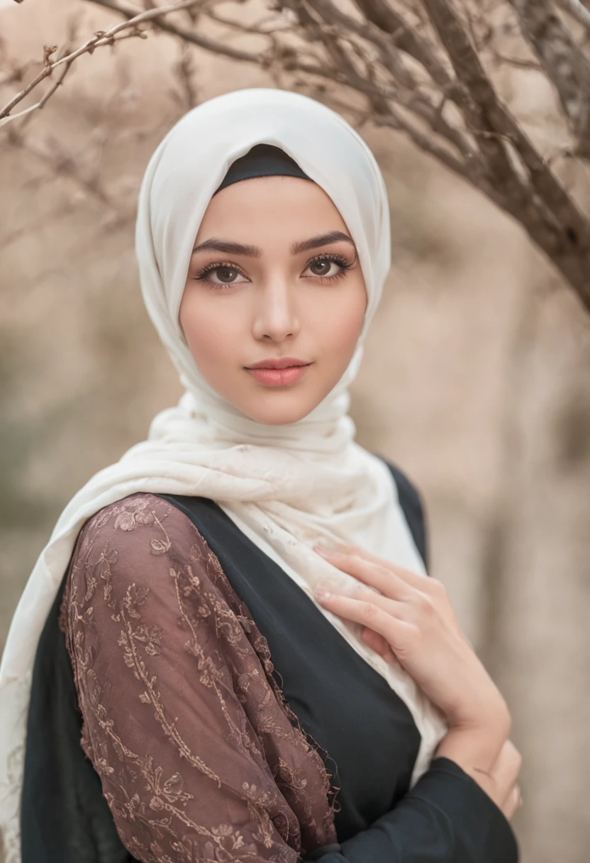 (a beautiful 20-year-old woman wearing a hijab, confident expression, bright eyes) her complete body is seen