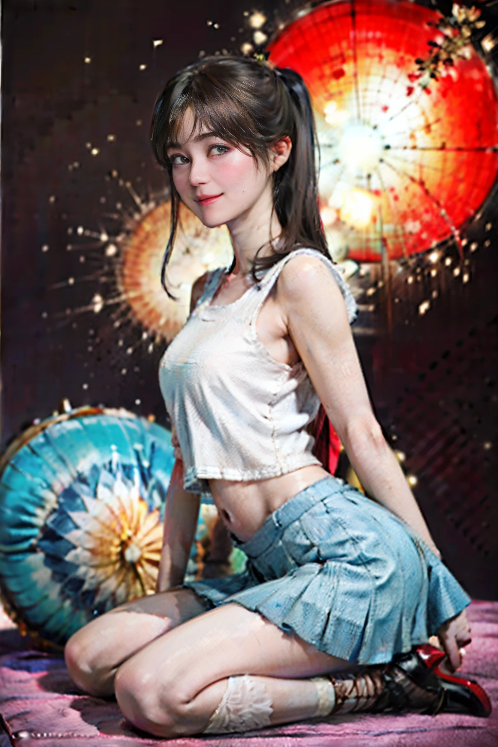 (8K、Raw photography、top-quality、masterpiece:1.2)、(realisitic、Full body posture、a miniskirt 、wearing miniskirt、Open her legs,poneyTail、The legs of the miniskirt are open to the left and right、White underwear、Photorealsitic:1.37)、Sit up、Respectable hips、Denim Mini Skirt、Beautiful ass、poneyTail、Open legs,Tank Tops、Beautiful waki、Beautiful belly button、a miniskirt、Sit up、sit,Open legs,White panty、White shorts、、Panchira、ultra-detailliert、超A high resolution、1人、see the beholder、beautifull detailed face、A smile、Constriction、(Slim waist) :1.3)、The shirt、Beautiful detailed skin、Skin Texture、floated hair、profetional lighting、