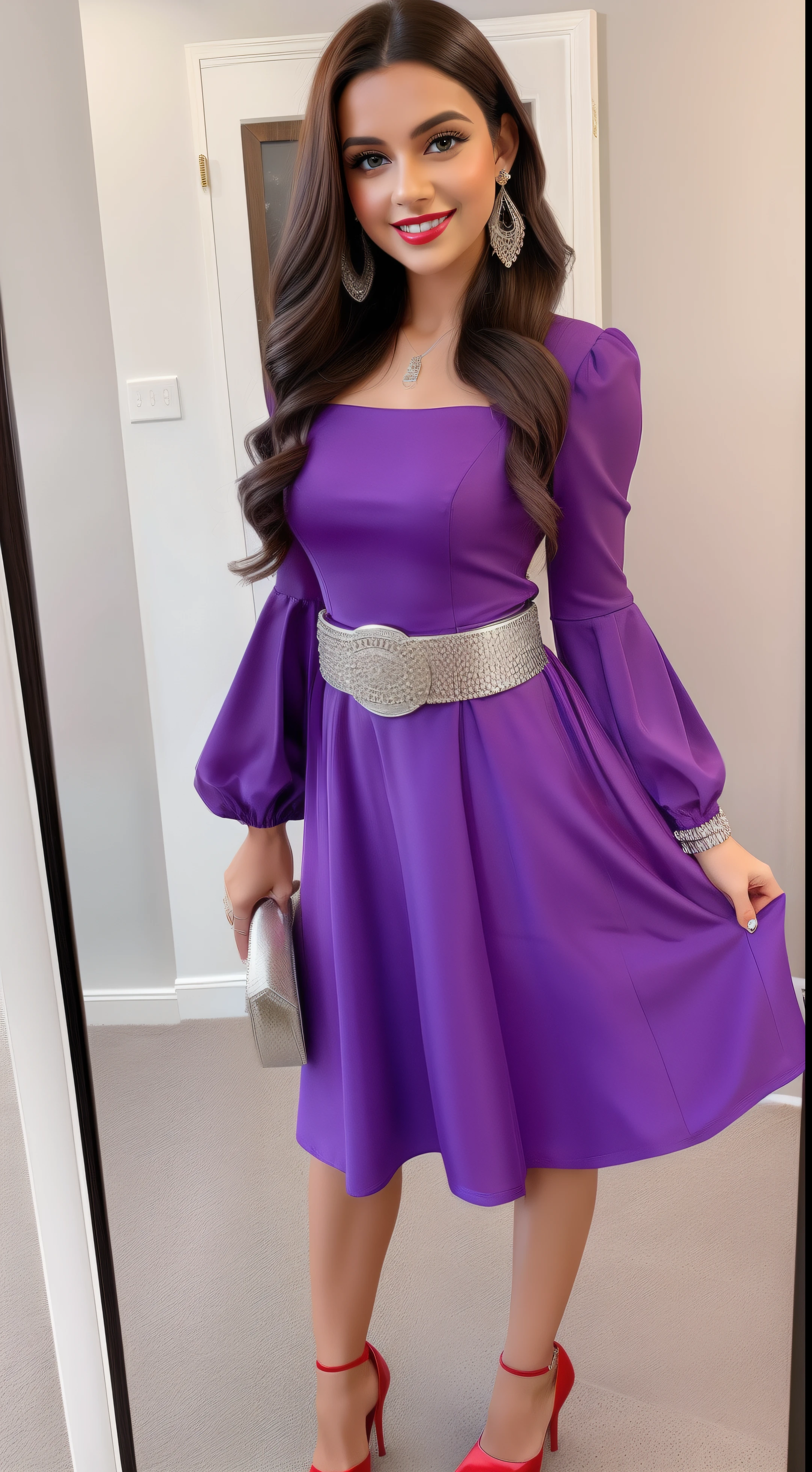 full body ,a cute young beautiful lady wearing a purple fit and flare dress square neck and puffed sleeve, red lips, long brunette hair , purple high heels, waist belt, purple dangling earrings, smiling, looking very beautiful and a little sexy, red small bindi, wearing silver bracelet, red long nails,