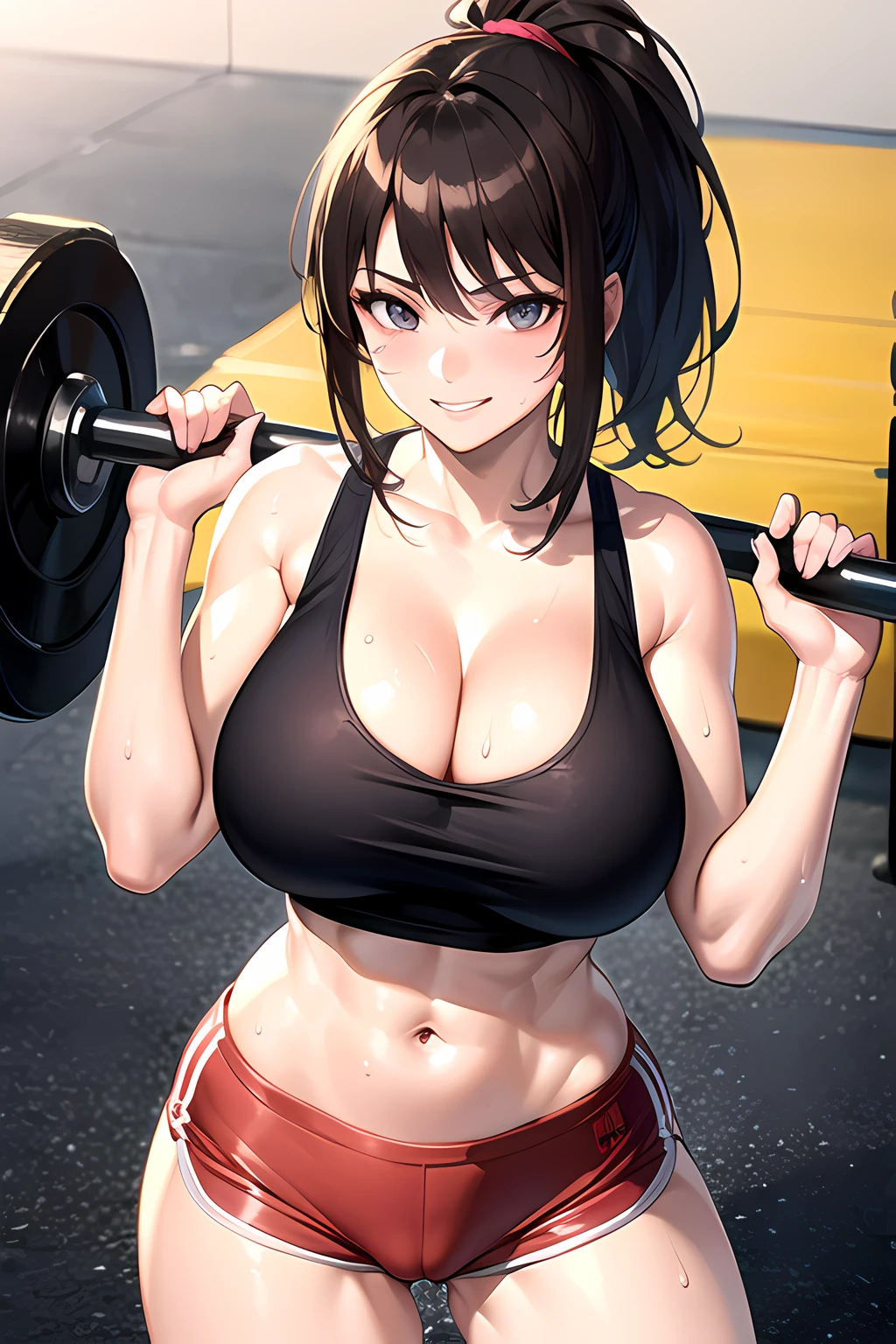 8k,Best Quality,masterpiece,Extremely detailed,realistic,1girl,japanese woman,(big breasts:1.2),cleavage,[[cameltoe]],toned and glamorous body,(Tank tops:1.3),(Hot Pants:1.3),ponytail,Brown hair,smirk,(Sweat on breasts),(fitness:1.3),looking at viewer,cowboy shot,((gym:1.2)),