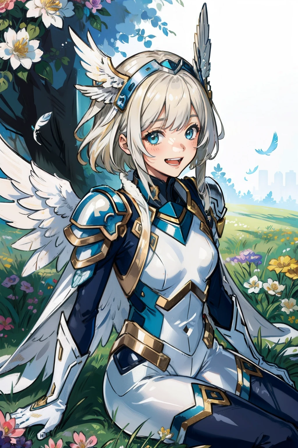 (master piece, Best Quality), Intricate details, valkyrie, kawaii, Happy, (((Laugh))), Villainous smile, Looking at Viewer, Feather Headgear, Flower meadow, Sitting, flat breast, 22year old,
1 girl in, Solo, Portrait, Plutinum Blonde Hair, droopy eyes, Silver Single Thigh, White Independent Single Sleeve, gloves,
mecha musume, White bodysuit, Silver Reinforced Suit, Feather wings, silver pantyhose, full armor, flower decoration, equip sword,
