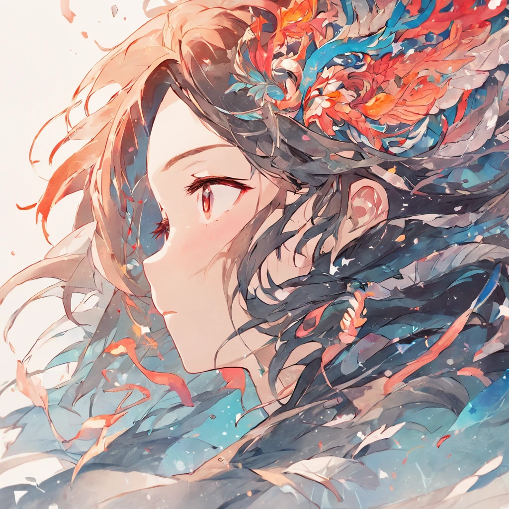 (White background:1.4),(Silhouette of a girl's head, Eyes closed, colorfull long hair, Oriental elements)，(Chinese illustration:1.3，paper art:1.3, Quilted paper art:1.2),( reasonable design, Clear lines, High sharpness,Best quality, Very detailed, Masterpiece, movie light effect, 4K )