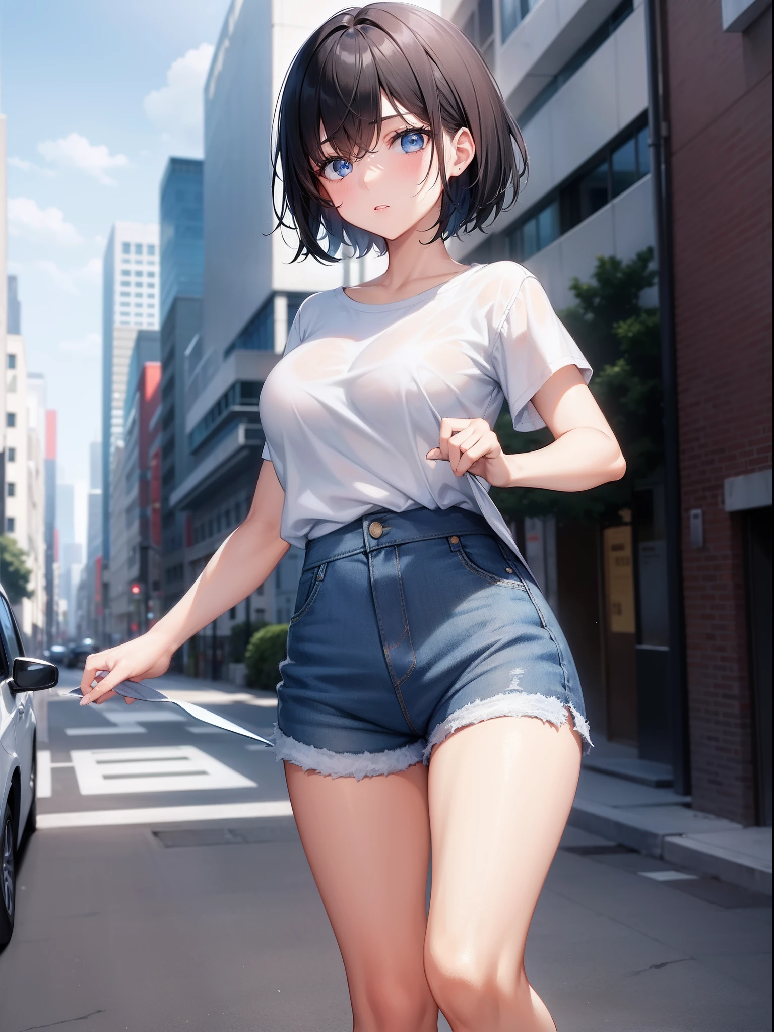 1girl, short black hair, blue eyes, wearing plain white shirt, denim shorts, city, absurdres, high res, ultrasharp, 8K, masterpiece, looking at viewer