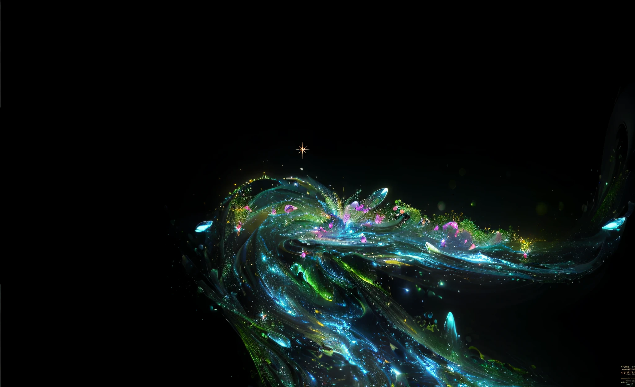 Arad image of a long flowing stream of water with many stars, Magic particles; swirls of magic, Rotating bioluminescent energy, 4k highly detailed digital art, intricate sparkling atmosphere, stuning fantasy 3 d render, twirling glowing sea plants, swirling water cosmos, beautiful composition 3 - d 4 k