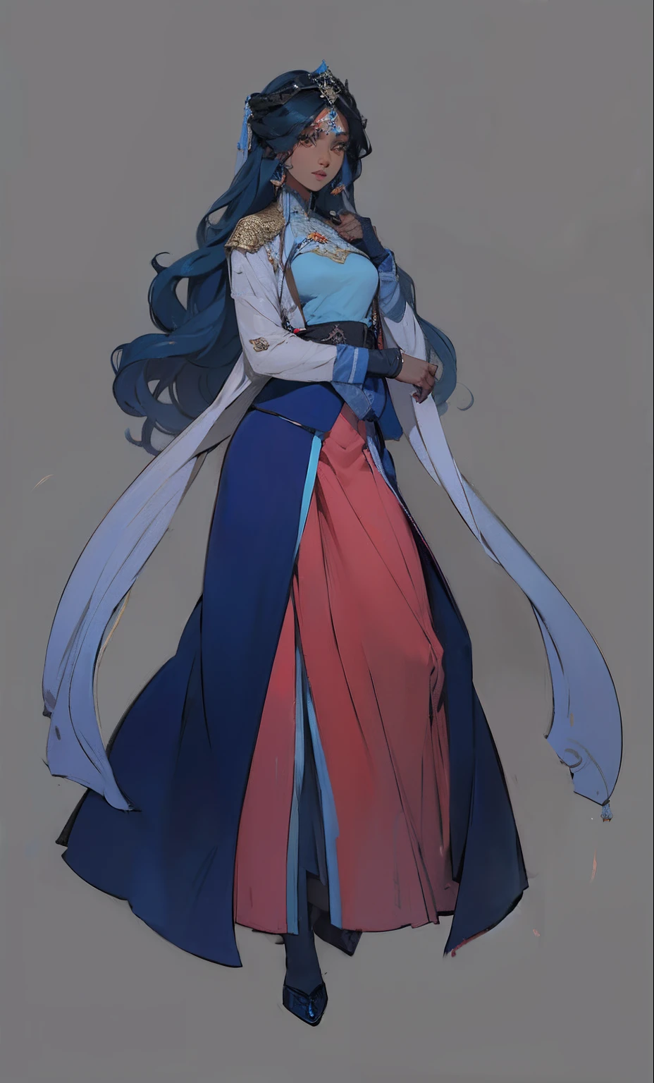 dark skin, Arabian clothing, long hair, curly hair, flowing hair, deep blue hair, detailed face, detailed shading clothing, high quality, Arabian pattern on clothes