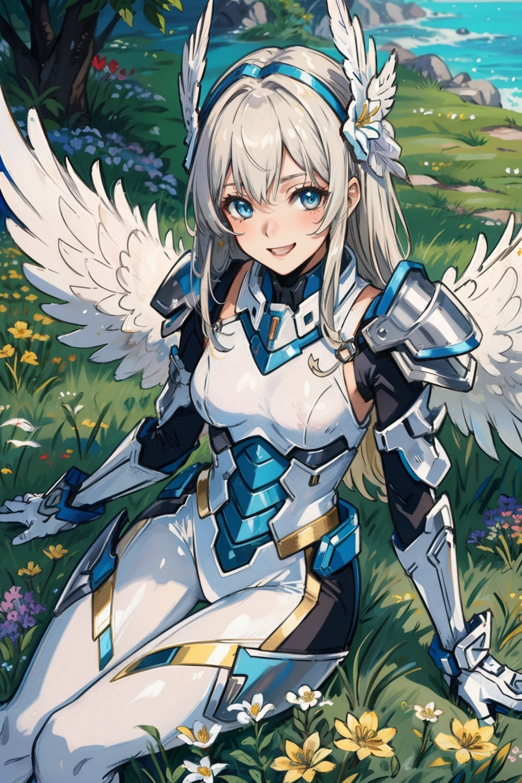 (master piece, Best Quality), Intricate details, valkyrie, kawaii, Happy smile, (((Laugh))), Looking at Viewer, Feather Headgear, Flower meadow, Sitting, flat breast, 22year old,
1 girl in, Solo, Portrait, long Plutinum Blonde Hair, droopy eyes, Silver Single Thigh, White Independent Single Sleeve, gloves,
mecha musume, White bodysuit, Silver Reinforced Suit, Feather wings, silver pantyhose, full armor, flower decoration, equip sword,