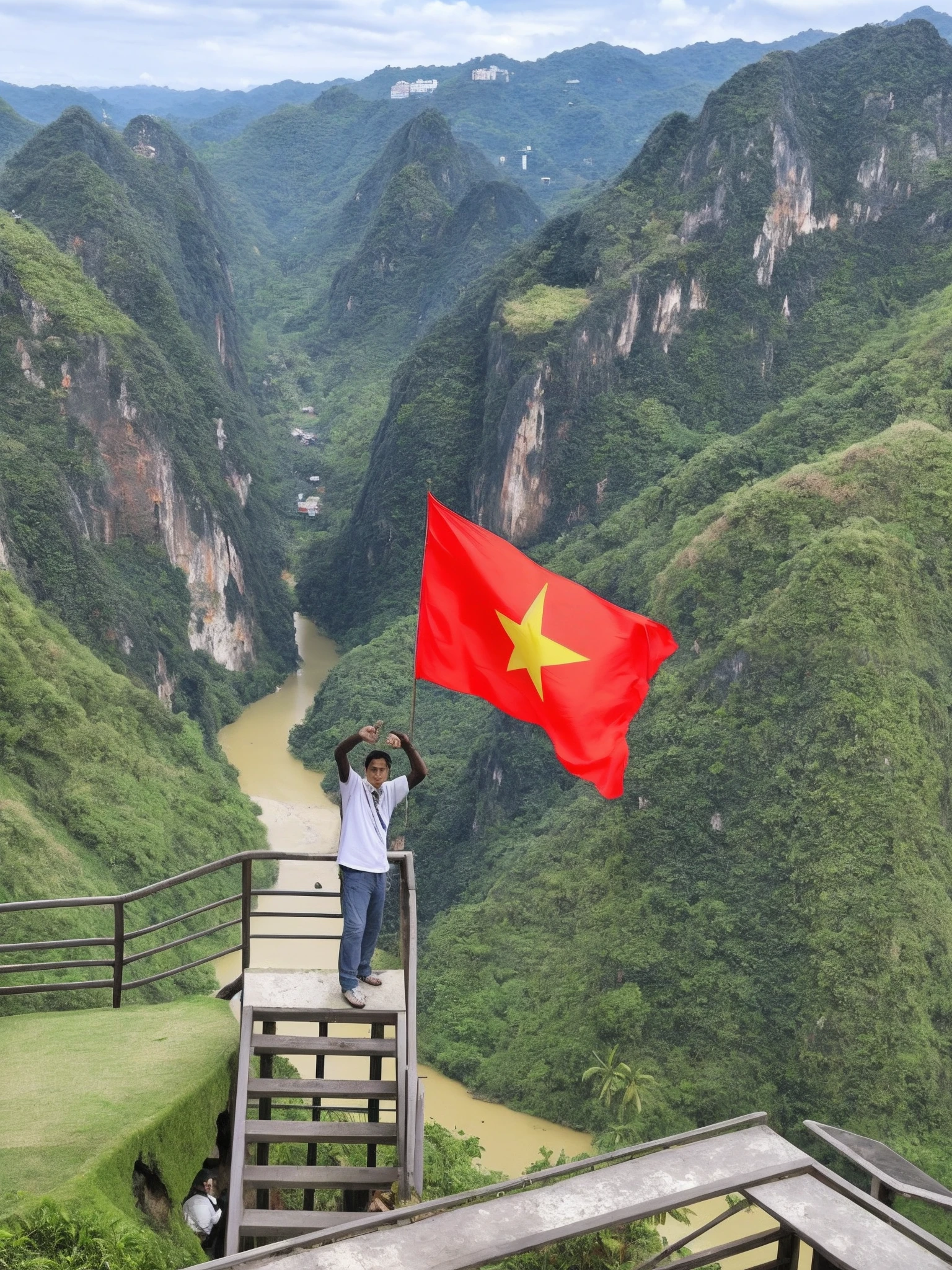 there is a man standing on a stairway with a vietnamese flag, vietnam, artist unknown, taking a picture, view from above, amazing view, by Bernardino Mei, flag, impeccable military composure, flag in hands up, jungles of vietnam beautiful, by Dan Content, by Daniel Lieske, by Wen Boren, ngai victo, pewdiepie selfie at a bridge