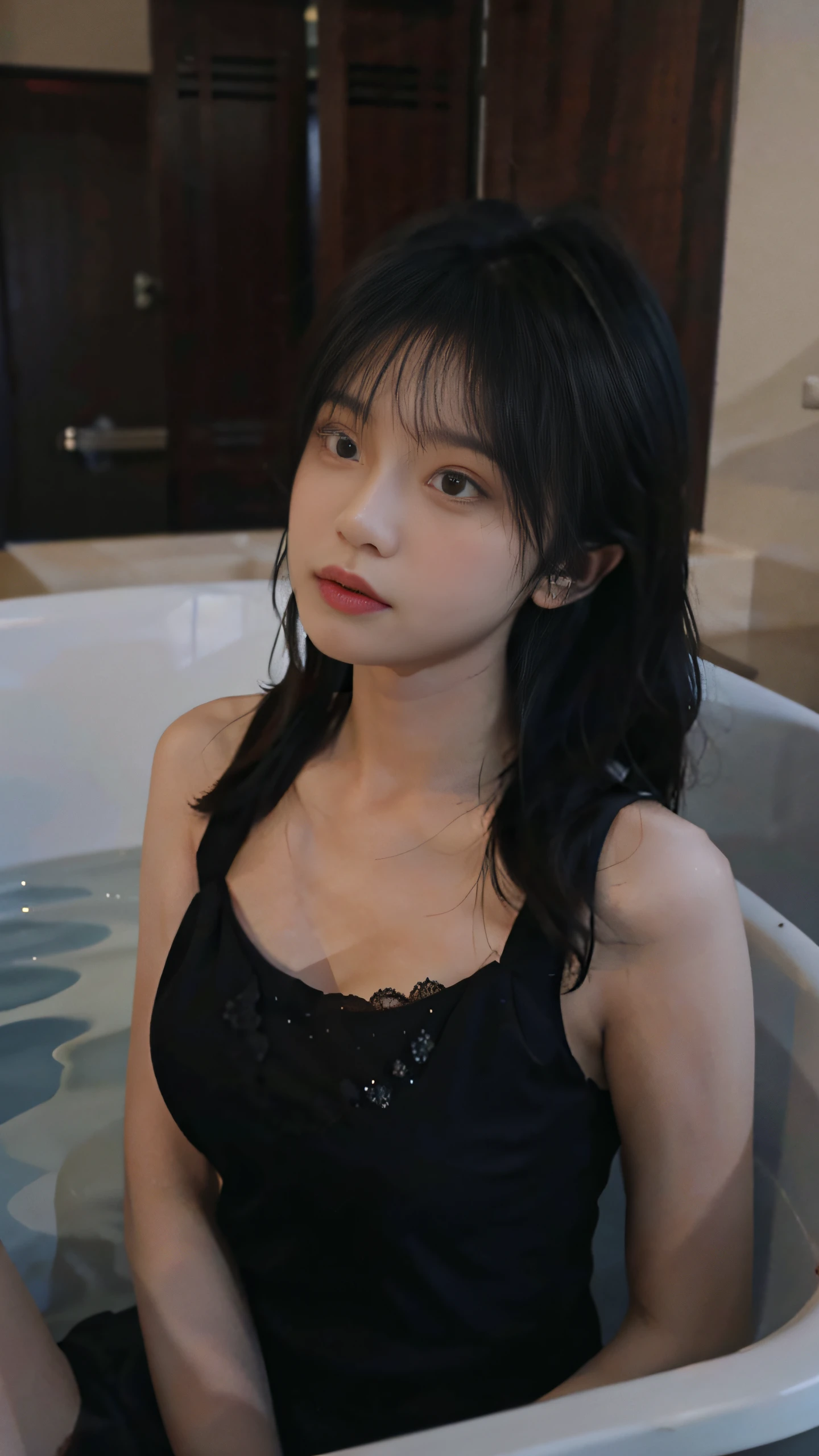 best qualtiy，tmasterpiece，超高分辨率，（realisticlying：1.4），1girll，in bathtub，there are waters，Raised sexy，（The shirt：1.2），（brassier：1.2），（big cleavage breasts：1.3），（The upper part of the body：1.4），Dressed in black lace，
