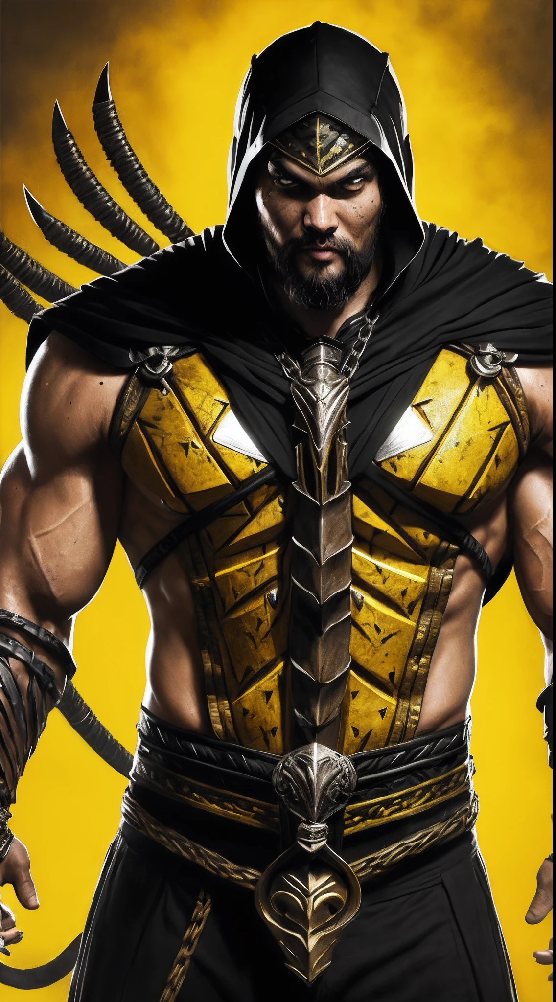 a photo of ((Jason Momoa)) as ((Scorpion)) from Mortal Kombat, yellow and black ninja outfit, (skull-like mask), kunai on a chain, Intricate, High Detail, Sharp focus, dramatic, photorealistic painting art by greg rutkowski