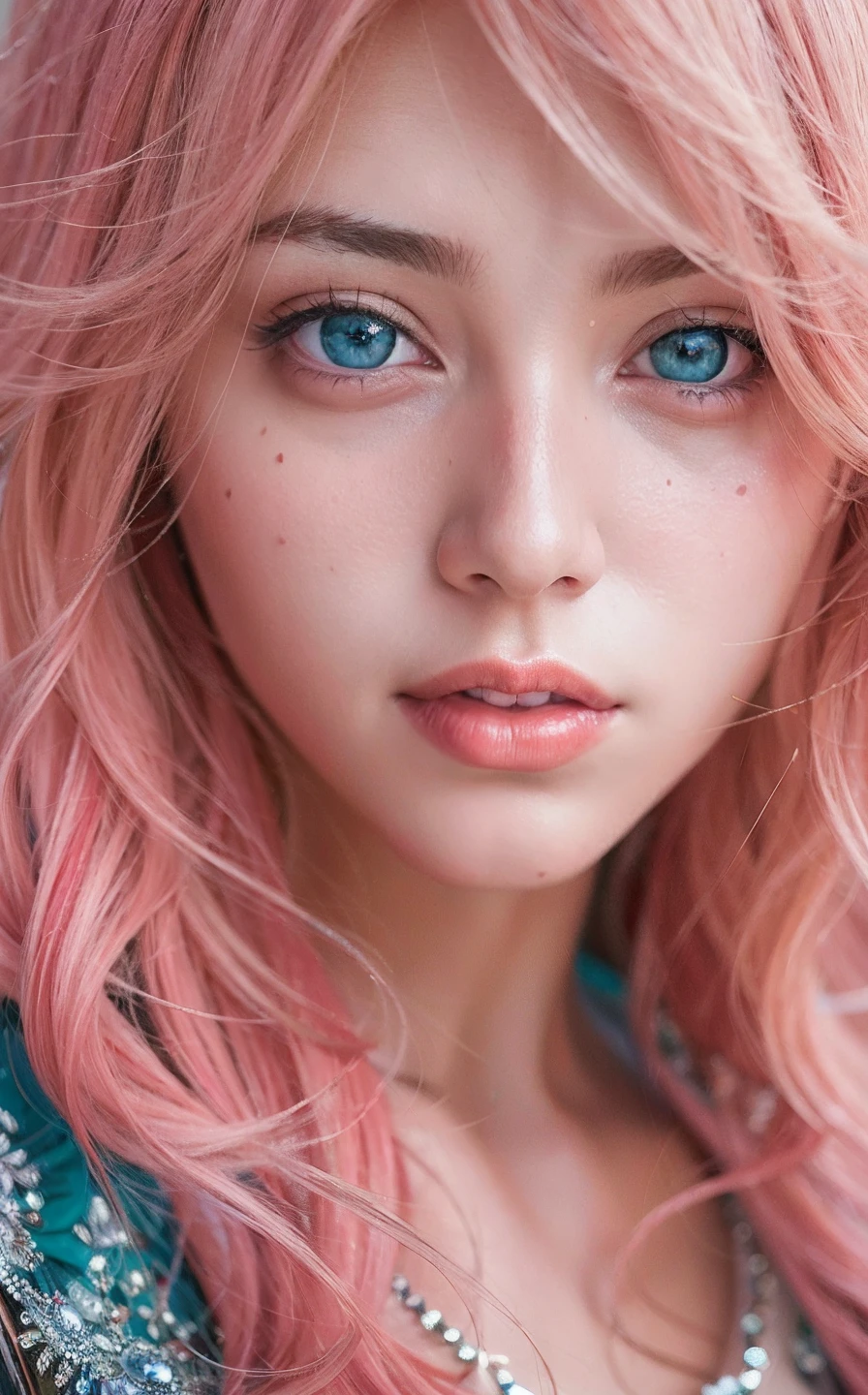 best quality, ultra high res, (photorealistic:1.4), (detailed beautiful girl:1.4), (medium breasts:0.8), looking_at_viewer, Detailed facial details, beautiful detailed eyes,pink hair, blue eyes, slender, haunting smile, (makeup:0.3), red lips, highly detailed clothes, (ulzzang-6500-v1.1:0.3)
