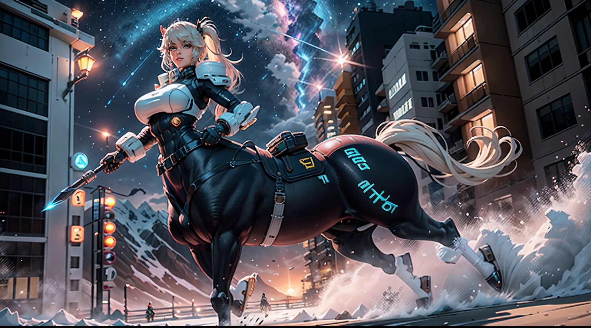 In a very grand scene,The extra-large wide-angle lens captures the appearance of a female centaur。She is tall,It has the ultimate curvy beauty,The muscles are slender and firm,Beautiful lines。Her facial features are tough and coquettish,Always with a sunny smile。She wears special tight-fitting equipment with a strong sense of technology,Step on multifunctional off-road style heels,Delicate and practical protective gear is worn on the hands, feet, wrists, neck and shoulders。The detection equipment around you flashes various cue lights and neon-like information screens,Let her exude a charming brilliance。Use Midjourney's advanced tools,Design special tight-fitting equipment for female centaurs,Highlight her unique physiological characteristics and appearance details,Add realism。And in her adventure scene,Spectacular views of nature,Such as the sky where storms and sunny days alternate、Brilliant rivers of stars and auroras、The snow-capped summit of Mount Everest、Fireworks in the mountain town, etc。ao mesmo tempo,Away from the hustle and bustle of Long Beach Pier is a neon-lit spaceship docked,Create a fantastic scene。Use Midjourney's advanced tools and multiple color palettes、Brush Strokes、Texture tools and model packages,It shows a sense of atmosphere where beauty and charm coexist。The charm of the female centaur is highlighted through color and lines,Enhance realism with detailing,Create a surreal dreamy feeling。Additionally,Use Midjourney's tools to add a variety of extreme sports gear and cultural trinkets to the female centaur,Create intricate hairstyles and outfits,Give her a sense of premium。She never flinches,Regardless of the terrain,can respond quickly,Even the extreme geography and dangerous terrain of aliens cannot stop her。Use Midjourney's powerful tools,You can do it with incredible detail and beauty,Bring this ultra-grand and beautiful scene to life。Ultra-grand scenes,super wide shot, hdr,(真实感,Masterpiece quality,best qualtiy),
