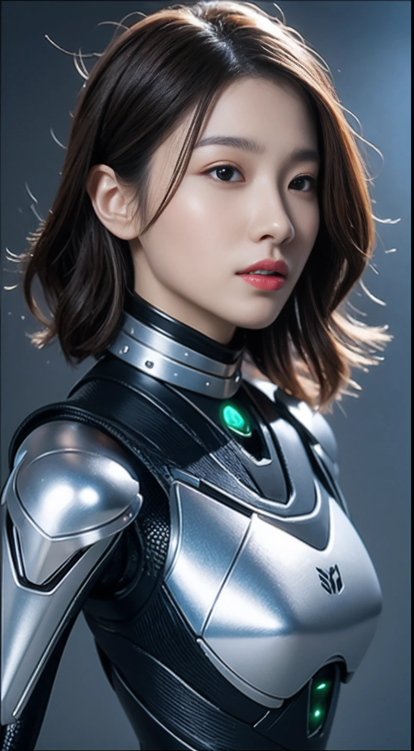 Close up portrait of a woman in a robot suit, (The bust color is metal silver)