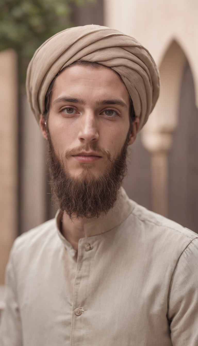 a 20-year-old man with a beard, gazing into the camera at the mosque he is 1 meter  away from camerae.