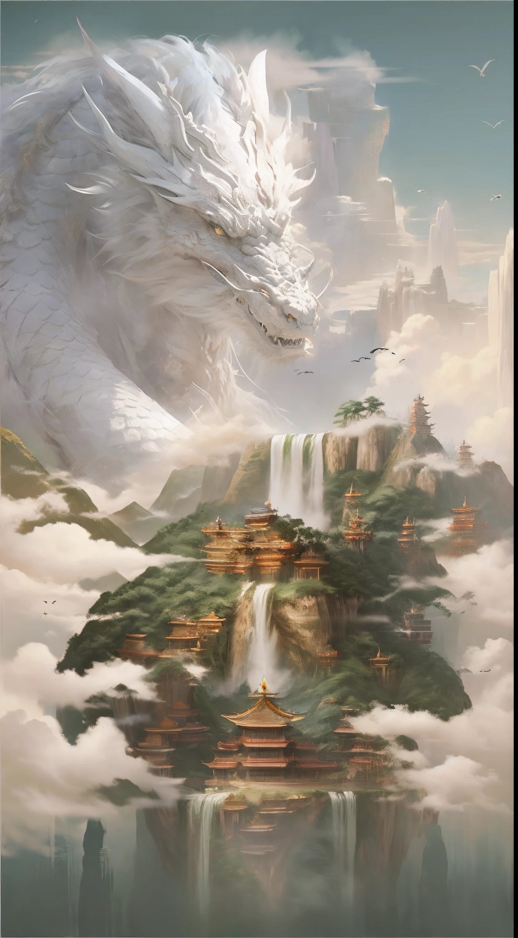 painting of a dragon flying over a mountain with a waterfall, Chinese fantasy, chinese dragon concept art, colossal dragon as background, highly detailed fantasy art, author:Kan Lee, a dragon made of clouds, author:Gong Xian, xianxia fantasy, drak, author:Dong Yuan, giant dragon flying in the sky, Dragon Art, by Yang J, author:Yuan Yao
