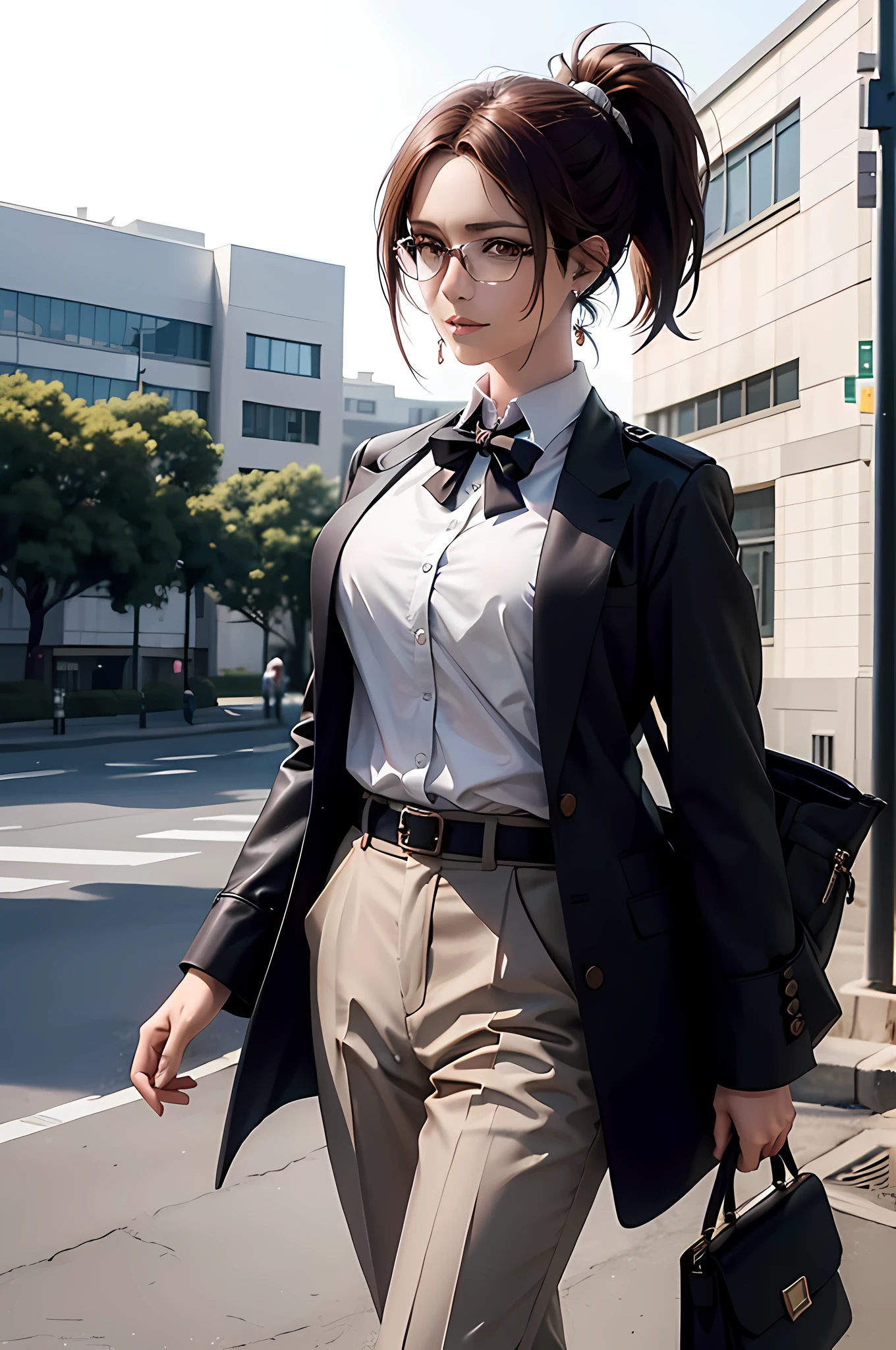 hange from the anime Shingeki no Kyojin, wearing glasses, shoulder length hair, brown hair, ponytail, beautiful, beautiful woman, perfect body, perfect breasts, wearing a white formal shirt, black blazer, black trousers, carrying a bag, wearing a watch, wearing earrings earrings, in public, creatures in tokyo city, on the street, looking at the viewer, a slight smile, realism, masterpiece, textured leather, super detailed, high detail, high quality, best quality, 1080p, 16k