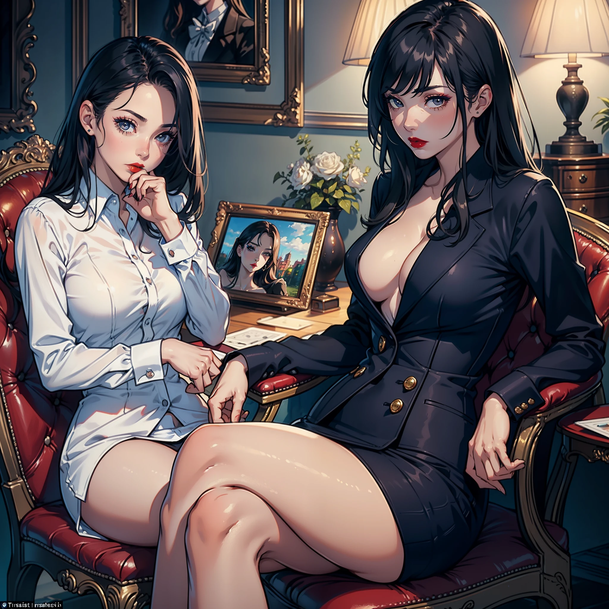 ((Realistic: 1.5)),((Best quality)), ((Masterpiece)),((Detailed)), A beautiful girl, , focus onface, Bold, Long legs, curves, Formal shirts, Wide hips, Long eyelashes, Paint near the mouth, Red lipstick, Sit in a chair, guest room