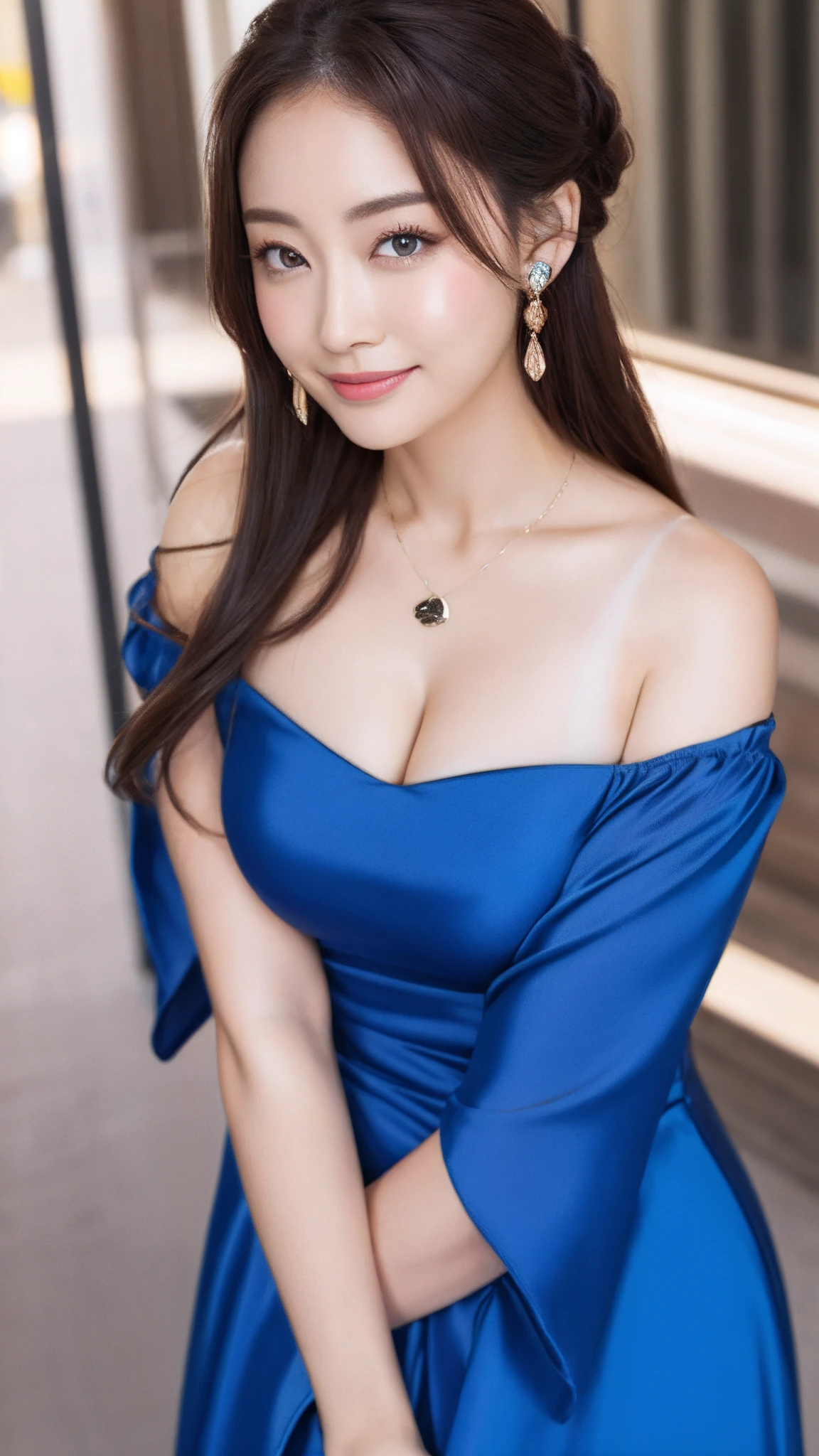 in 8K、超A high resolution、Best Quality、masutepiece 、huge-breasted、cleavage、Off-the-shoulder blue long dress、Large slit、Walk the crowded streets、 Beautiful black-haired chignon、Happy smile、Smile happily、big eye、Distinct double eyelids、Lashes、gazing at viewer、Highlights in the eyes、Light brown eyes、lipgloss、a necklace、piercings、high-heels、Sunburn marks