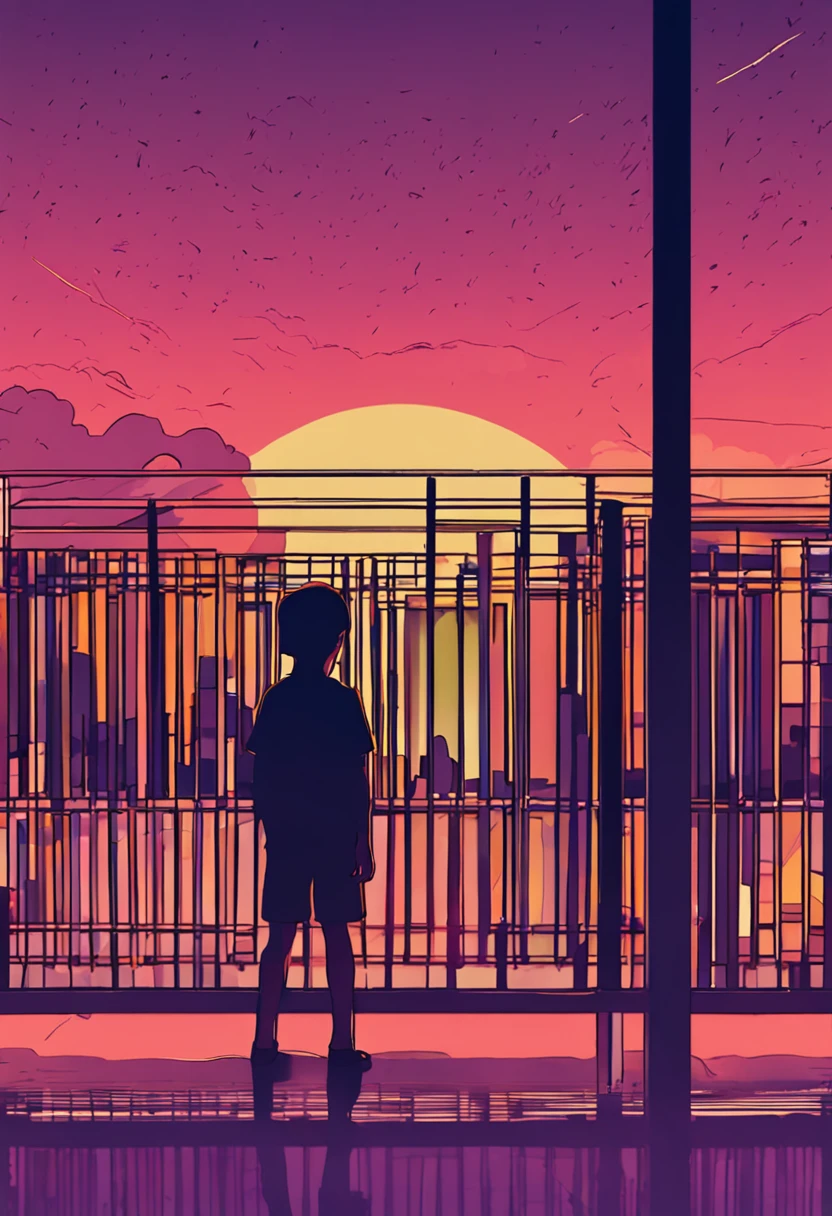 siluette,the sunset,schoolboy,Leaning against the railing,