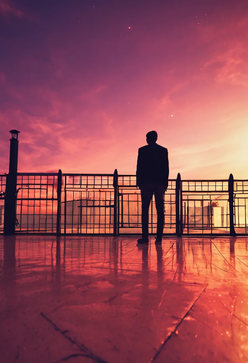 siluette,the sunset,schoolboy,Leaning against the railing,