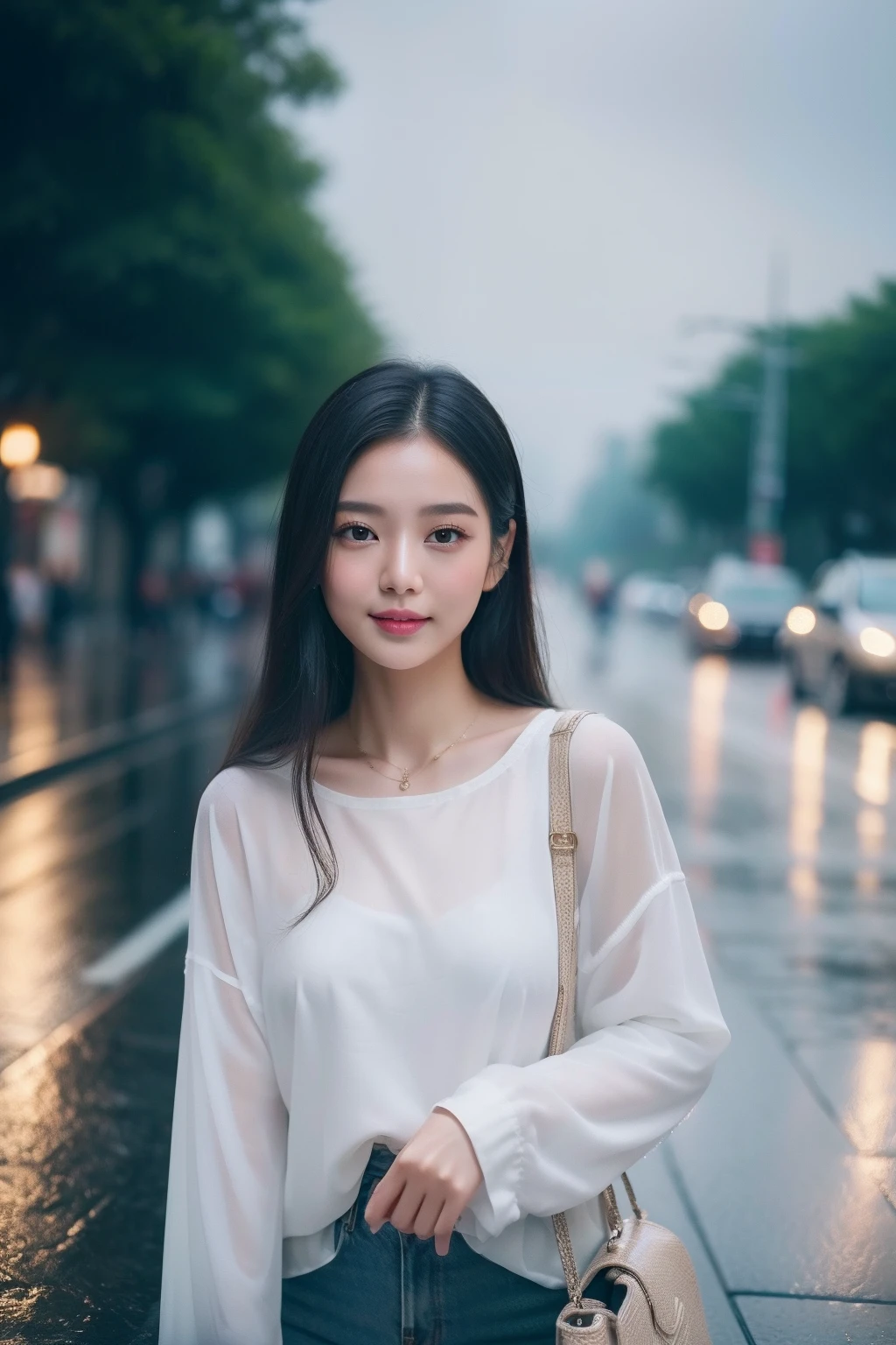 (top-quality、8K、32K、masterpiece)Beautuful Women、TOKYOcty、natta、street snap、rain is falling