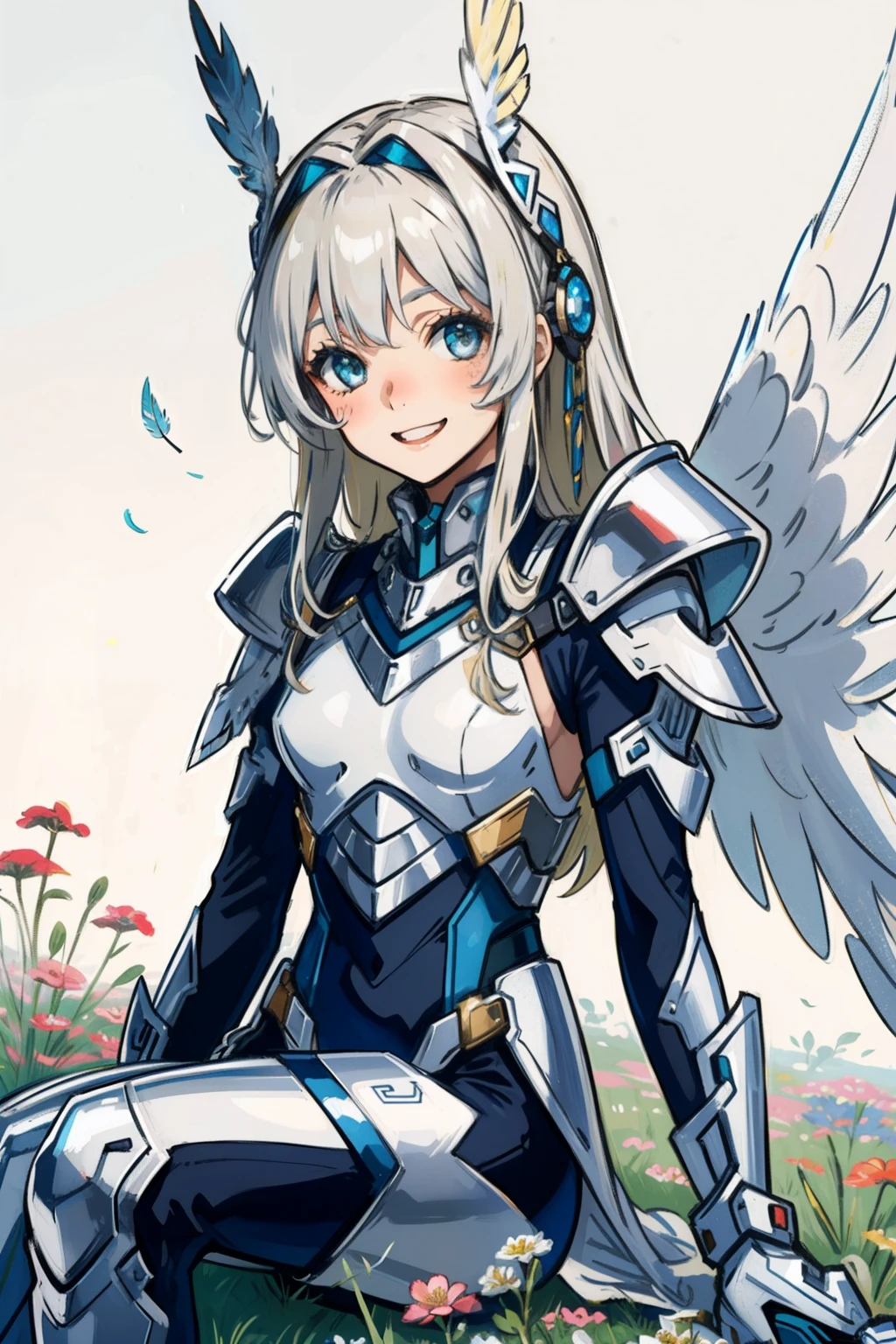 (​master piece, Best Quality),  Intricate details, valkyrie, kawaii, Happy smile, (((Laugh))), Looking at Viewer, Feather Headgear, Flower meadow, Sitting, flat breast, 22year old,
1 girl in, Solo, Portrait, long Plutinum Blonde Hair, droopy eyes, Silver Single Thigh, silver Independent Single Sleeve, silver gloves, 
 mecha musume, silver bodysuit, Silver Reinforced Suit, Feather wings, silver pantyhose, silver full armor, flower decoration, equip sword,