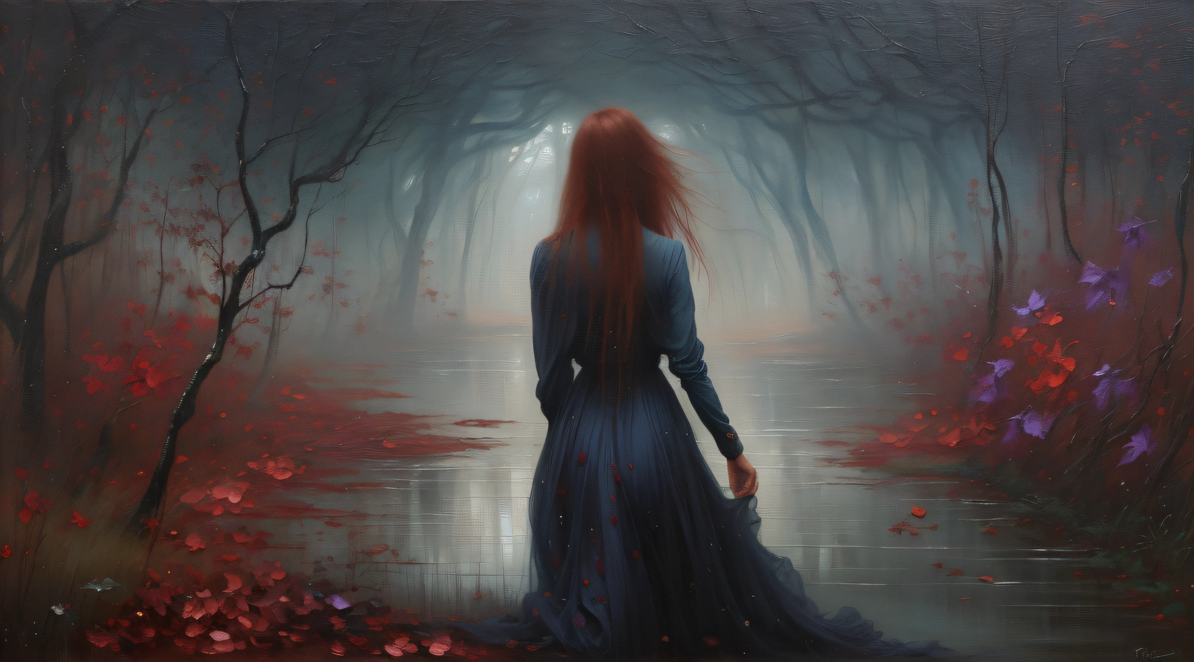 painting of a woman in a long dress walking in a forest, dark fantasy oil painting, inspired by Bastien L. Deharme, bastien lecouffe - deharme, dark oil painting, mystical oil on linen, hauntingly beautiful art, art tom bagshaw, artstyle tom bagshaw, by Bastien L. Deharme