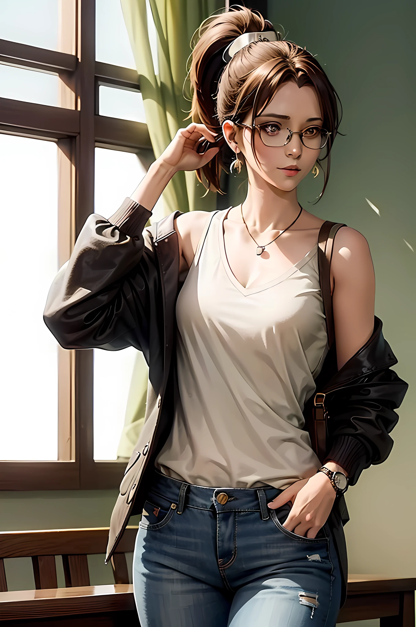 hange from the anime Shingeki no Kyojin, wearing glasses, shoulder length hair, brown hair, ponytail, ponytail, beautiful, beautiful woman, perfect body, perfect breasts, wearing a white shirt, brown cardigan, long jeans, tote bag, wearing a watch, wearing earrings, in class, at college, university, blackboard, looking at the audience, a slight smile, realism, masterpiece, textured leather, super detailed, high detail, high quality, best quality, 1080p, 16k