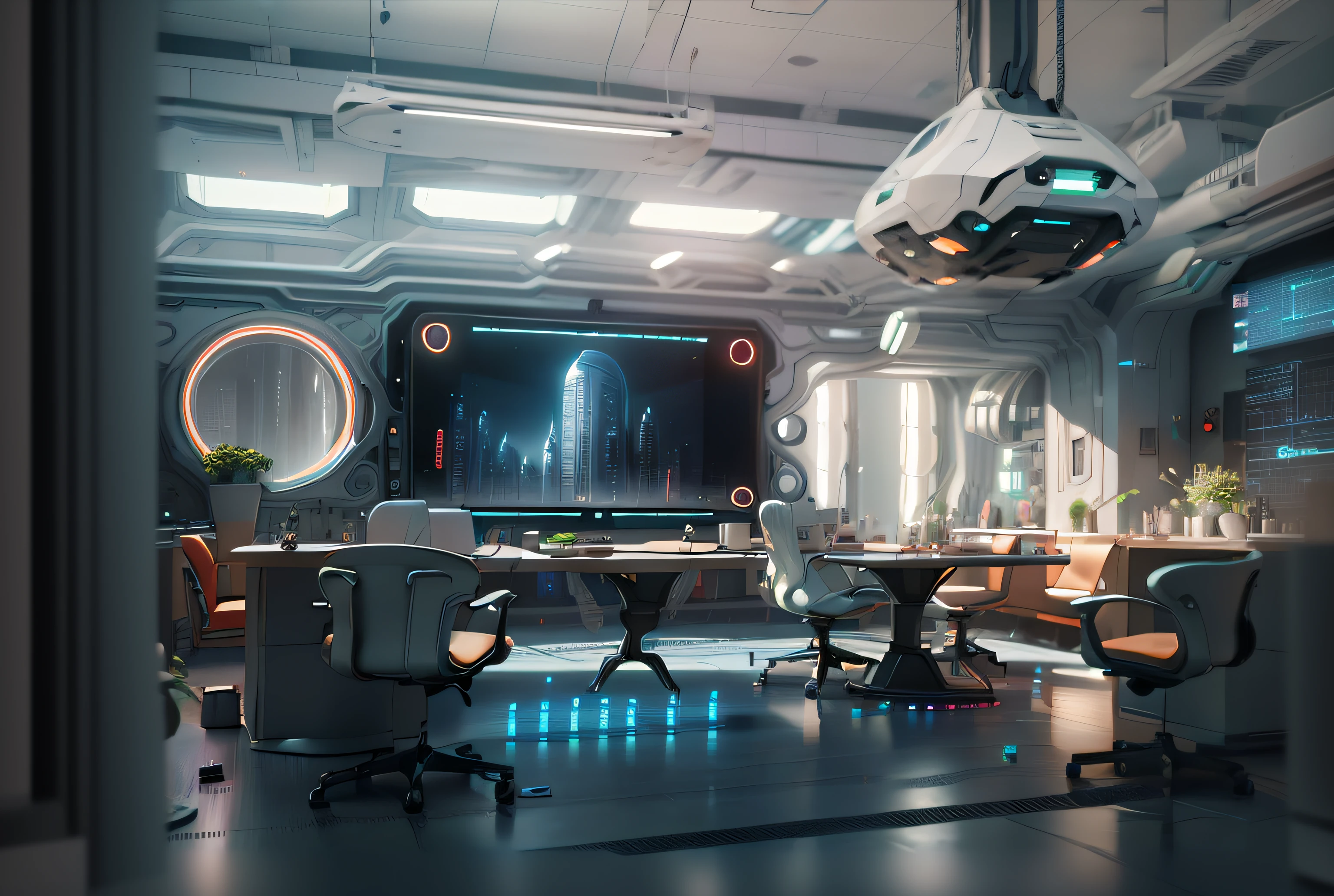 there are several chairs in a room with a large screen, futuristic laboratory, futuristic scientific laboratory, sci - fi interior, scifi setting, surreal sci fi set design, futuristic setting, scifi room, scifi scene, in futuristic laboratory room, futuristic space ship interrior, sci fi setting, sci-fi setting, sci - fi setting, futuristic production facility