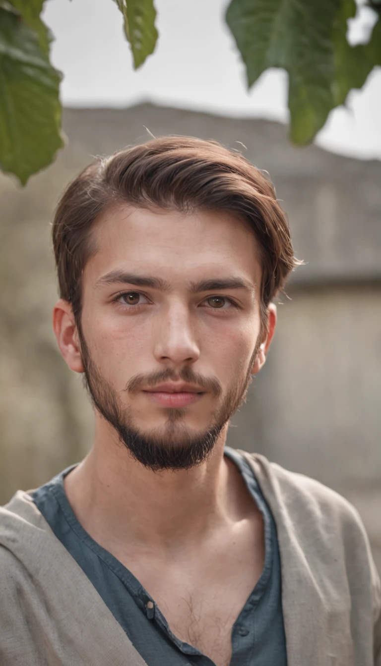 a 20-year-old man with a beard, gazing into the camera at the mosque he is 1 meter away from camerae.