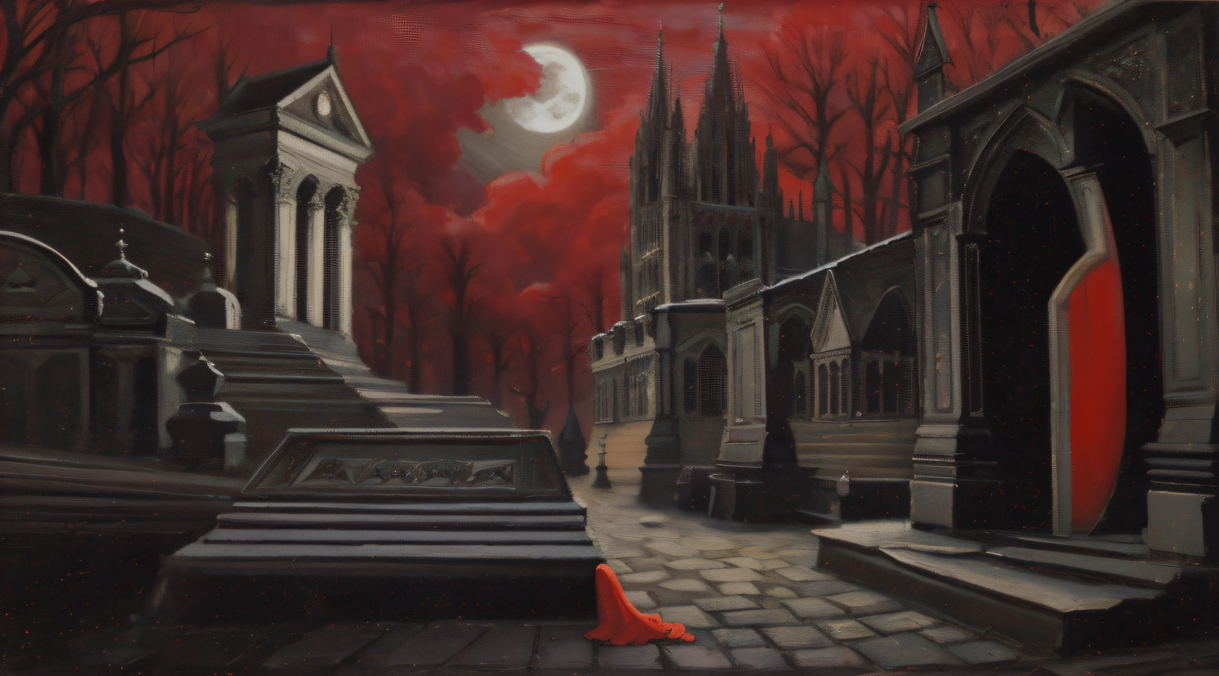 painting of a red dress in a cemetery with a full moon, detailed 3d gothic oil painting, by Adrienn Henczné Deák, gothic painting, by Julian Fałat, by John Moonan, by Ludwik Konarzewski, wayne barlowe pierre pellegrini, by František Kaván, inspired by Franz Sedlacek