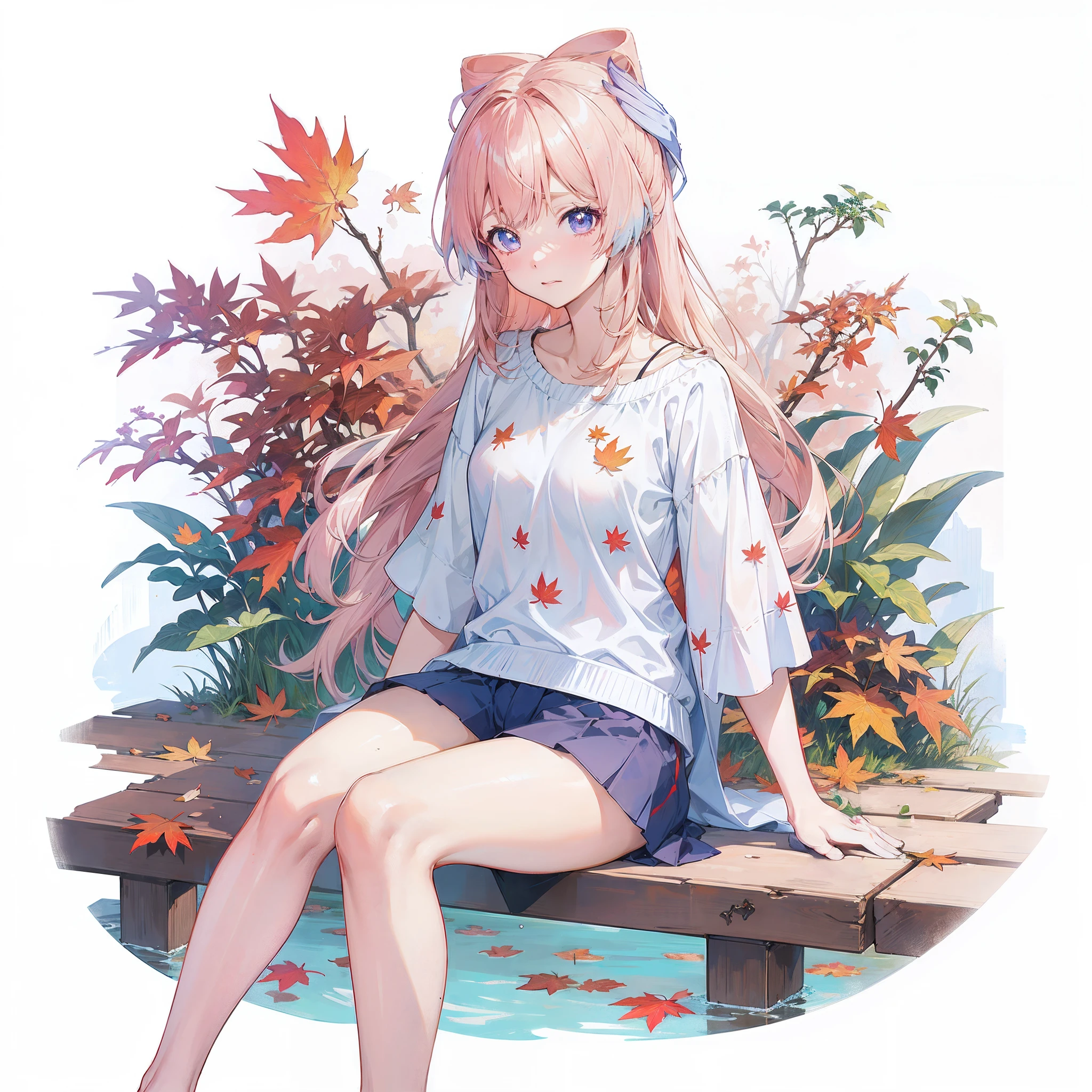 anime girl sitting on a wooden bench with flowers and leaves, anime visual of a cute girl, kawacy, cute anime girl, render of april, guweiz, beautiful anime girl, (anime girl), splash art anime , pretty anime girl, 🍁 cute, young anime girl, anime style 4 k, guweiz on pixiv artstation, anime illustration