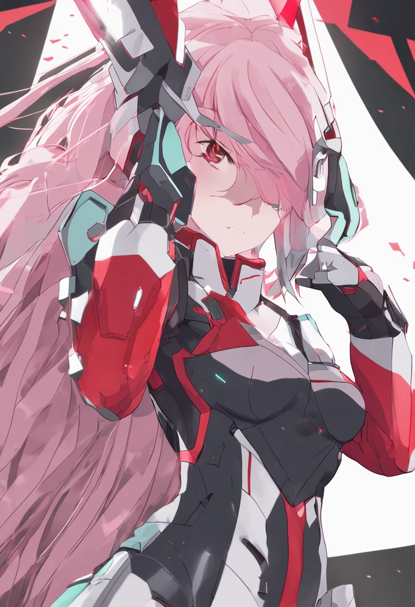 Outstanding image quality，2D Beautiful Girl，A scene from the《darling in the franxx》，A pink-haired，green pupills，There is a pair of red horns on the head，Red Eyeshadow，Red tight combat suit，There are white stripes on the combat uniform，perfect bodies