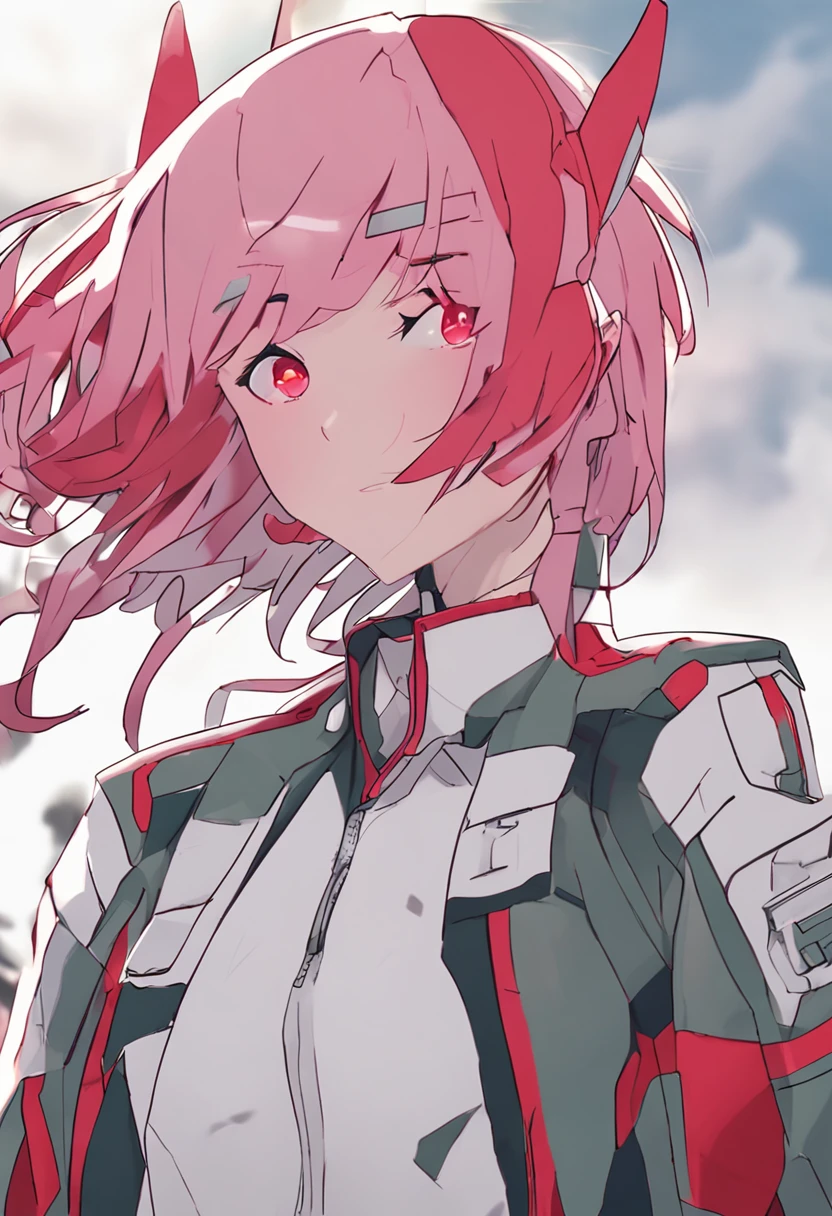 Outstanding image quality，2D Beautiful Girl，A scene from the《darling in the franxx》，A pink-haired，green pupills，There is a pair of red horns on the head，Red Eyeshadow，Red tight combat suit，There are white stripes on the combat uniform，perfect bodies