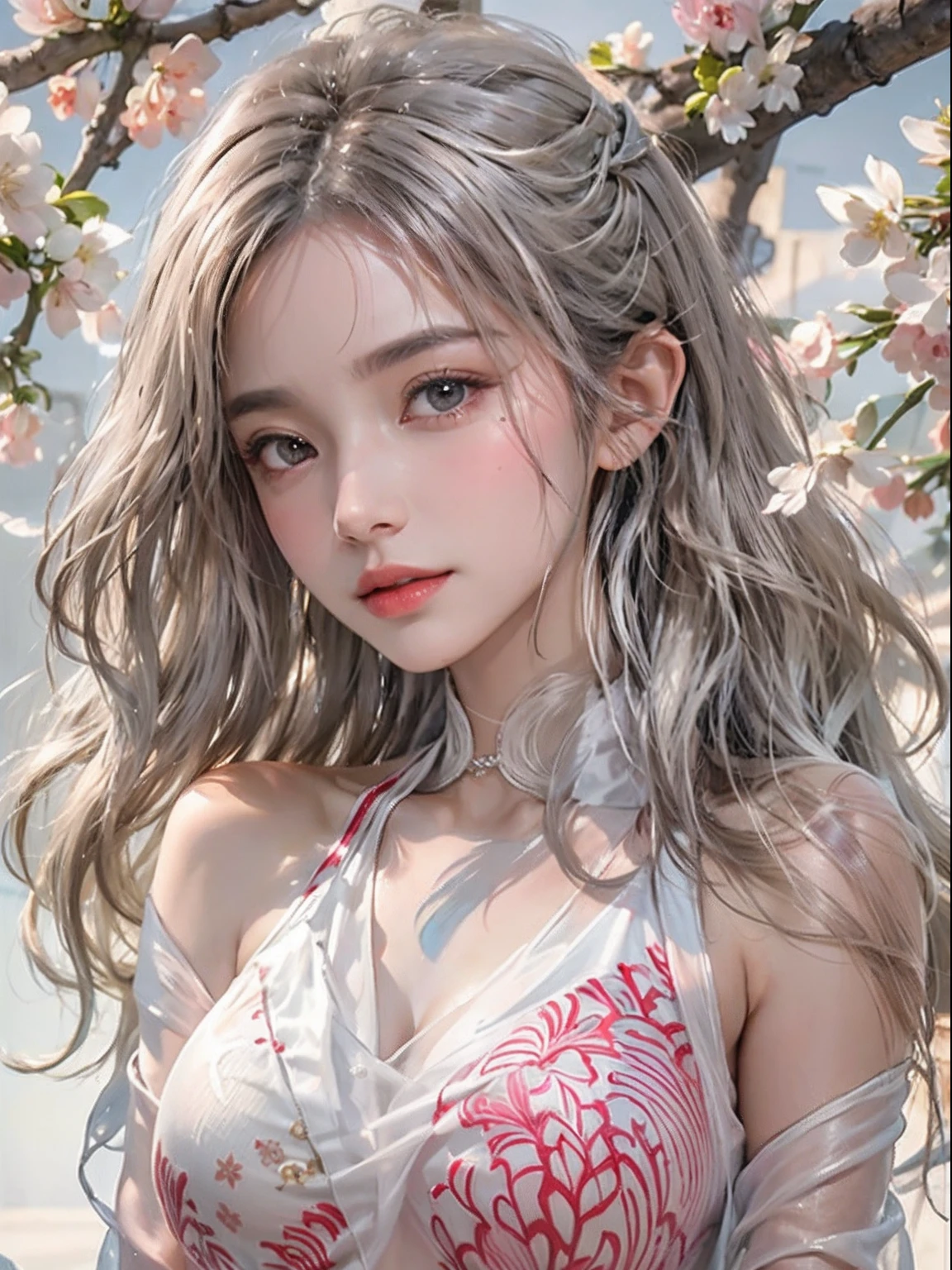 Photorealistic, High resolution, Soft light,1womanl, Solo, hips up high, glistning skin, (Detailed face),The tattoo, Jewelry, Wedding see-through hanf, cherry blossom, Night, White wavy hair, Beautiful Soldier, An eye that invites the viewer, Lover's perspective, inviting expression, Sexy smile, Perfect Style, Perfect balance, Detailed skin, Naughty gaze, Chest visible、see -through、Sheer feeling、Wet skin、Wet hair、Spread hair、Spread Stall、Wet clothes、sodden、See-through Halter neck、See-through gowns、Navel Ejection、the back is open、