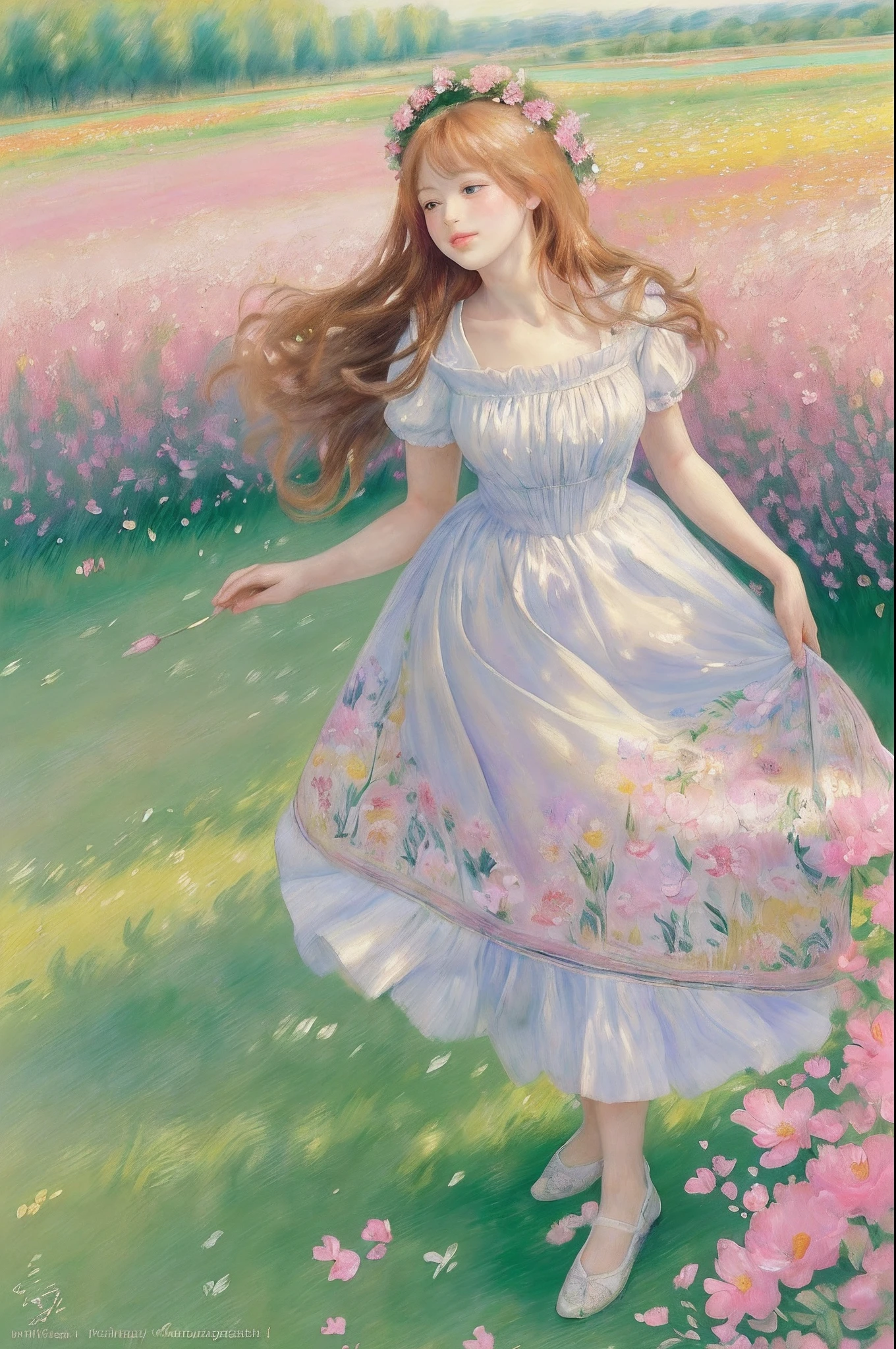 Beautiful lady, gracefully standing in a field of vibrant flowers, surrounded by nature's colorful tapestry, under the open sky with a gentle breeze, kissed by the warm, golden rays of sunset, drawing inspiration from Pierre-Auguste Renoir's natural scenes, Impressionism with a touch of romanticism, captured using soft watercolors on textured paper, portrait, a harmonious blend of pinks, purples, and greens, infusing gentle brushwork and delicate textures, conveying a sense of beauty and connection to the natural world